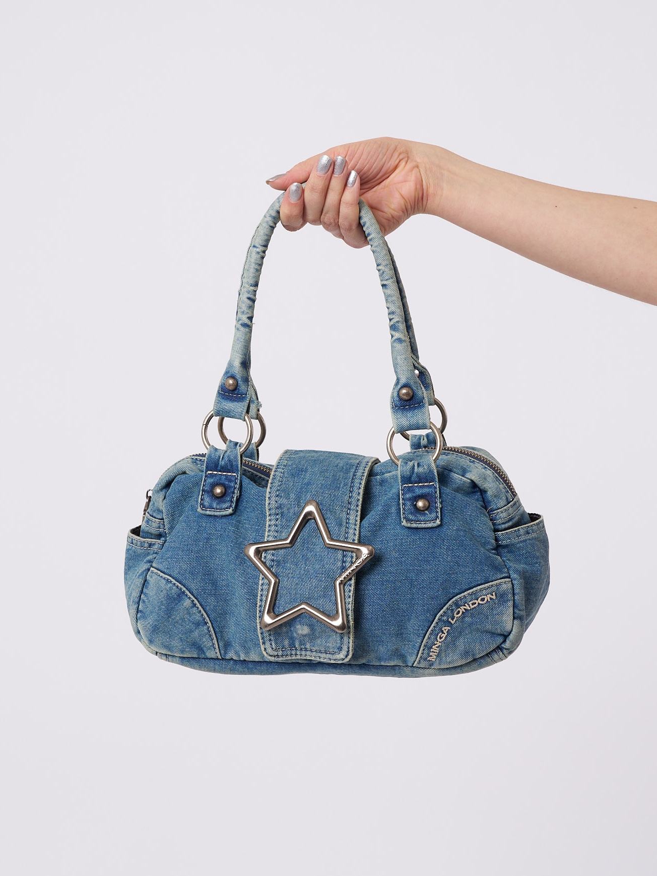 Star Girl Light Blue Denim Shoulder Bag with Magnetic Closure