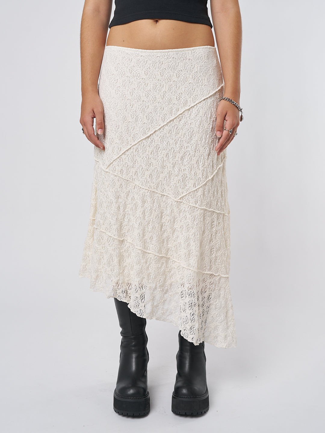 Nolia Cream Lace Asymmetric Midi Skirt - Minga London