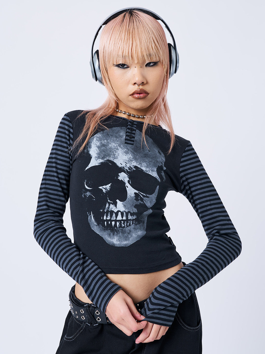 Reeper Skull Half Button Striped Top