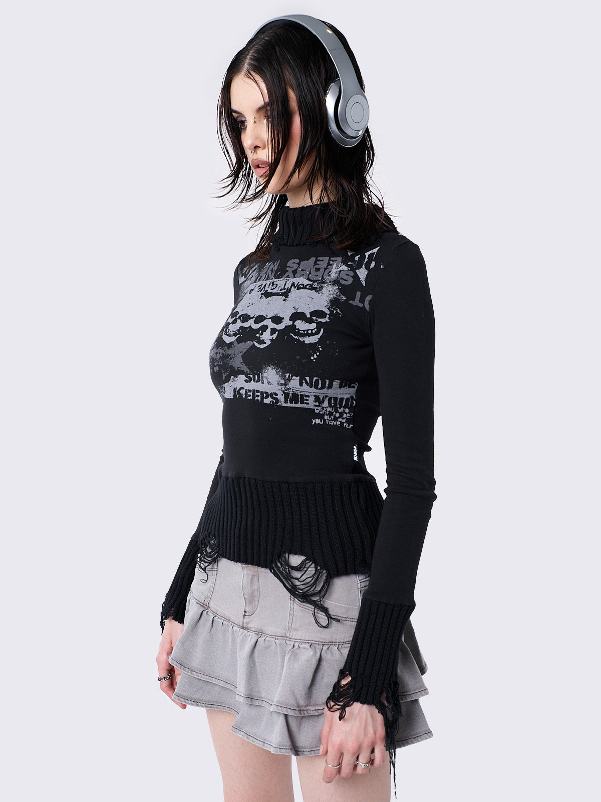 Black Distressed High Neck Top with Skulls Graphic Print
