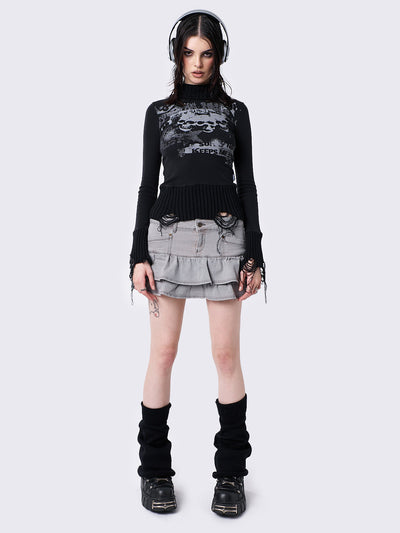 Black Distressed High Neck Top with Skulls Graphic Print