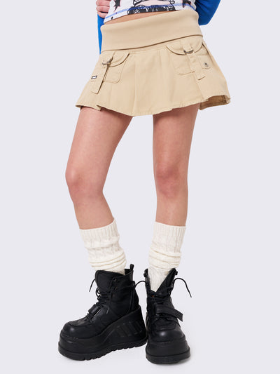 Beige Twill Pleated Mini Skirt with Elastic Folded Waistband and Front Pockets