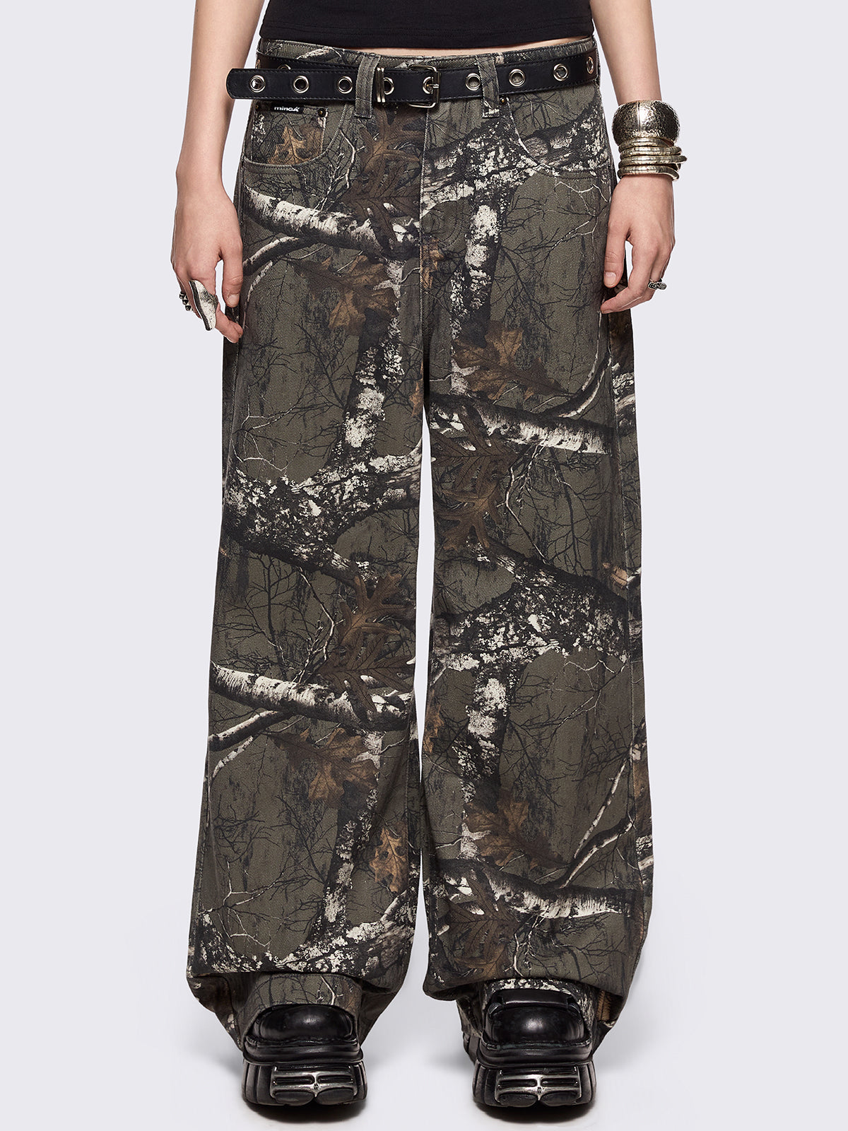 Forest tree camo printed baggy jeans.