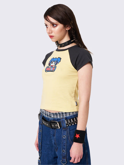 Yellow and Black Y2k Raglan Baby Tee with Silicone Print
