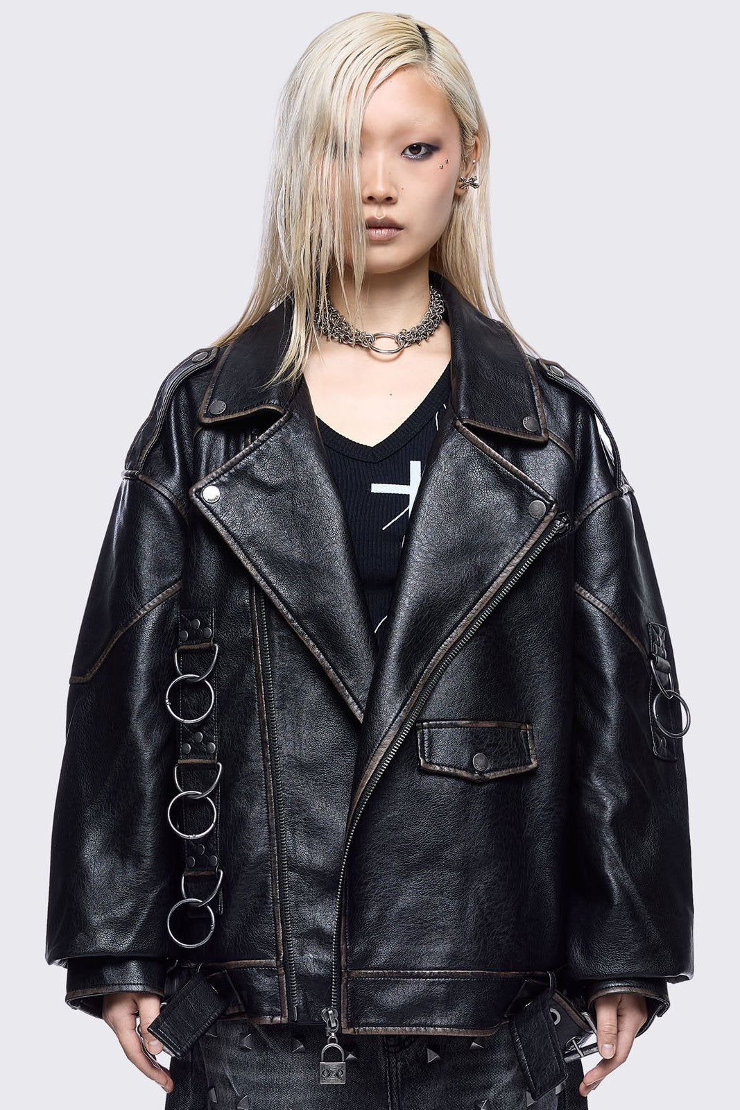 Black Faux Leather Biker Jacket | Minga London