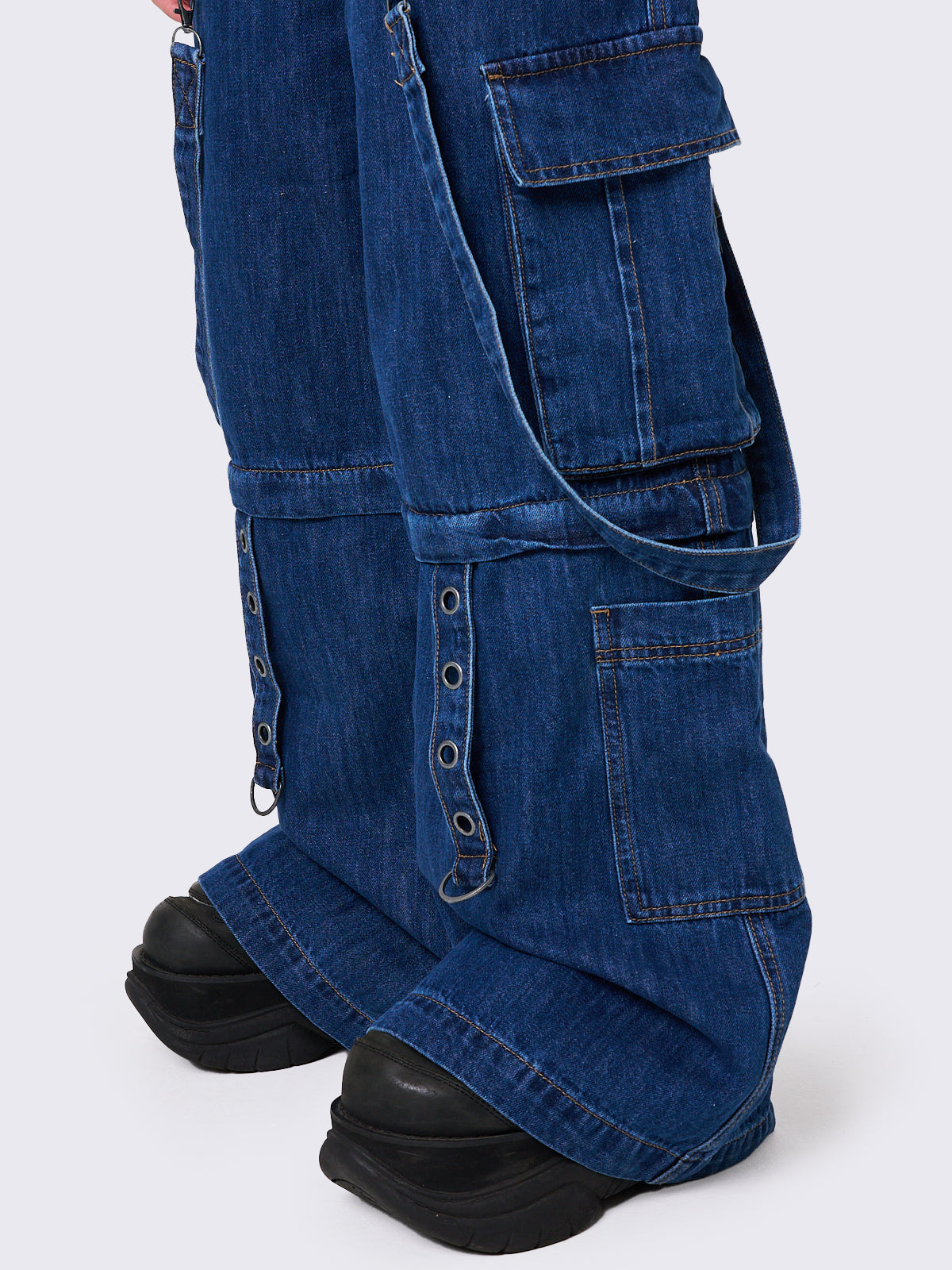 Multi Pocket Wide Leg Cargo Jeans in Blue with Straps and Detachable Legs