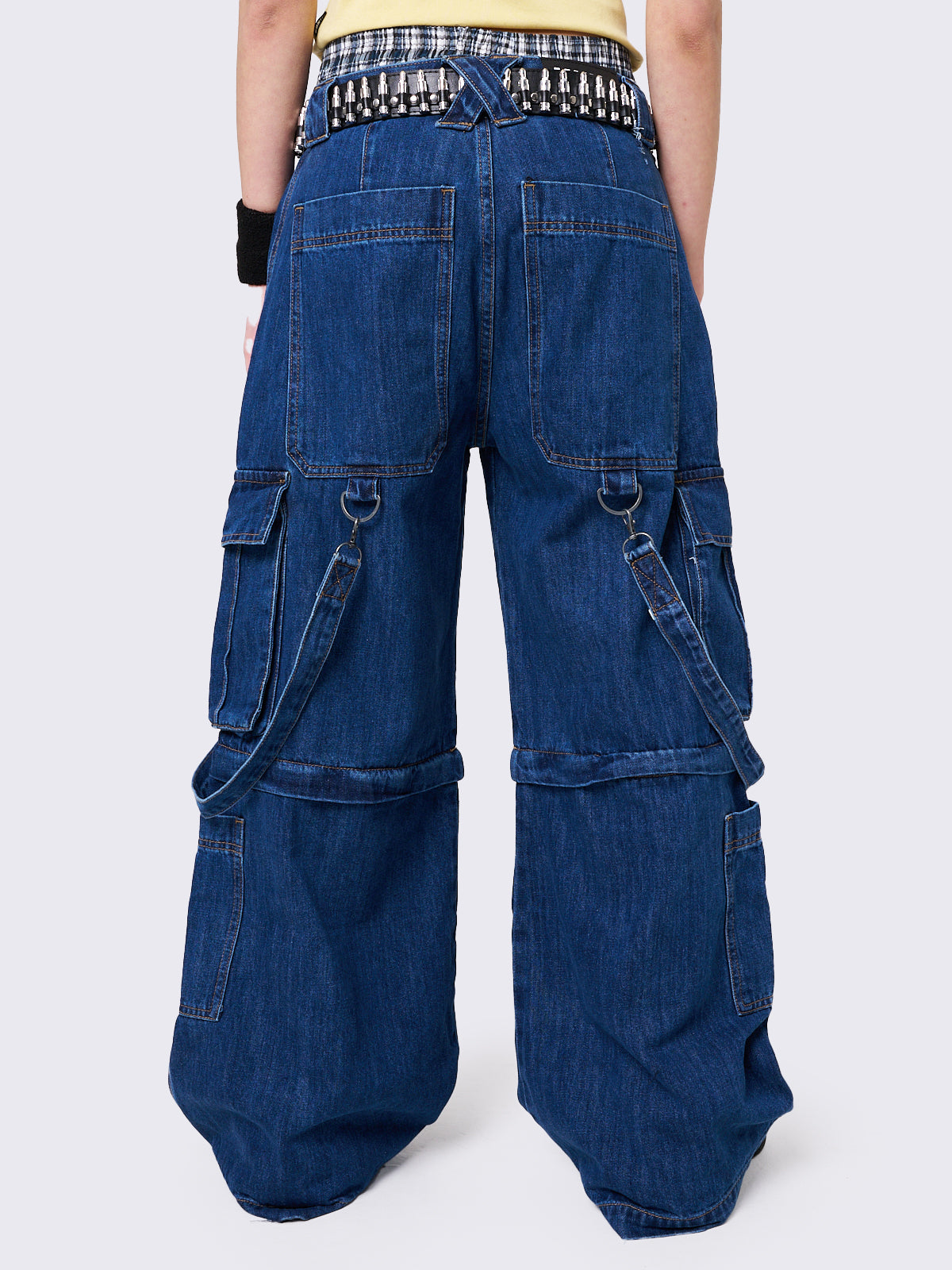 Multi Pocket Wide Leg Cargo Jeans in Blue with Straps and Detachable Legs