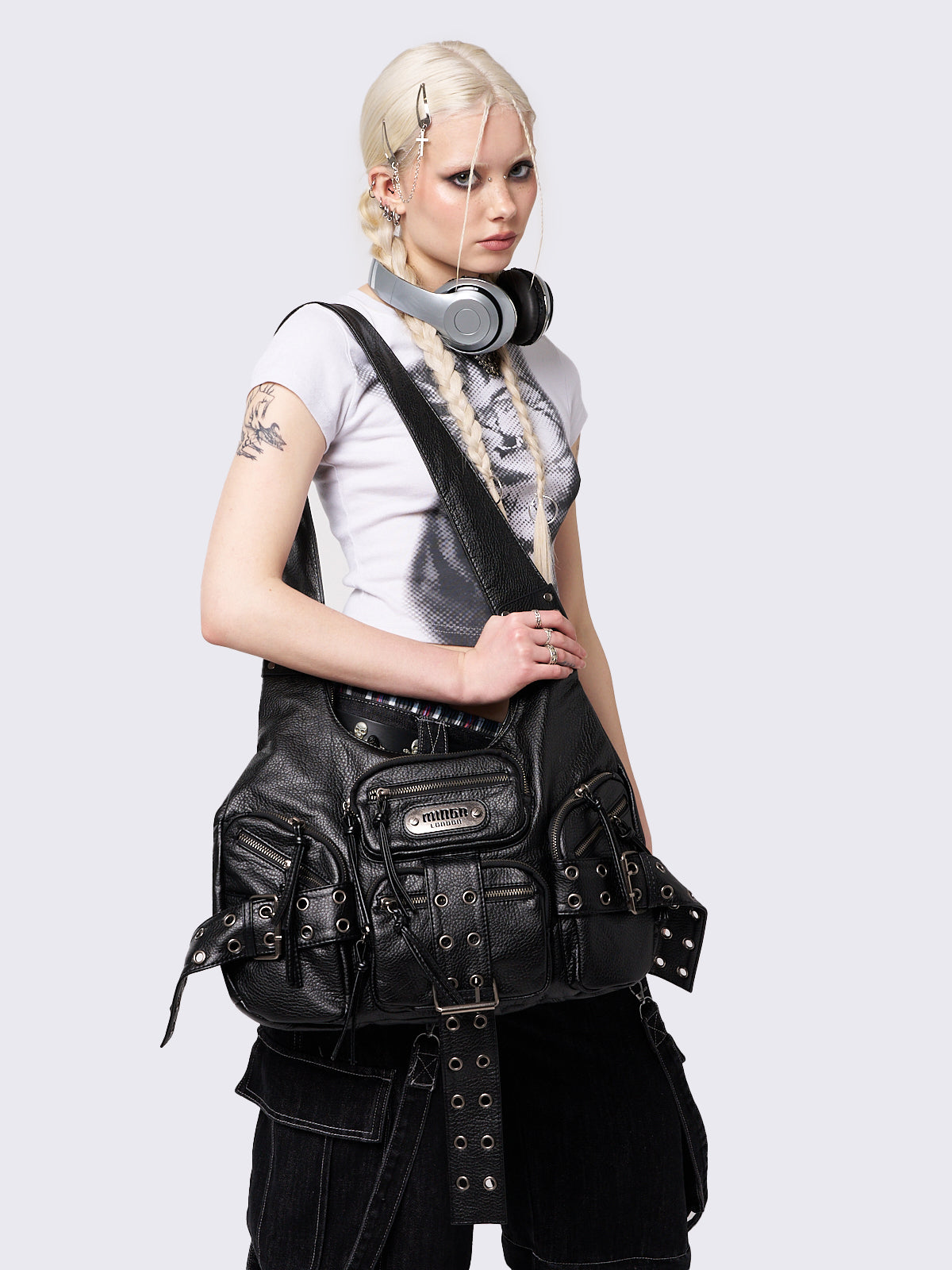 Black Vegan Leather Shoulder Bag with Multi Pockets and Buckle Straps