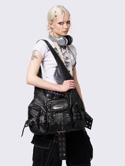 Black Vegan Leather Shoulder Bag with Multi Pockets and Buckle Straps
