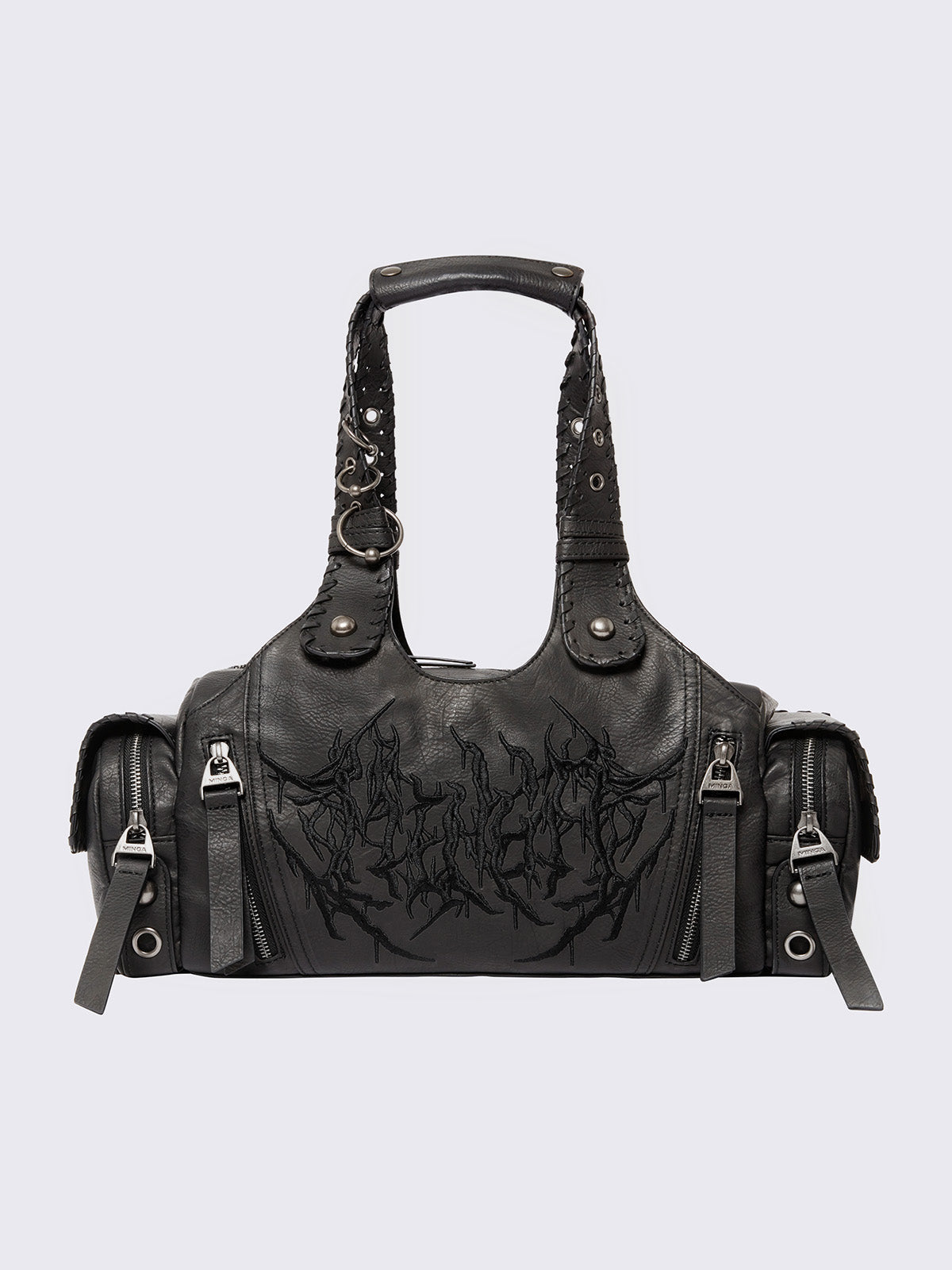 Black vegan leather shoulder bag with sigilism graphic embroidery and piercing, eyelet and stud details.
Multiple pockets and two handles.