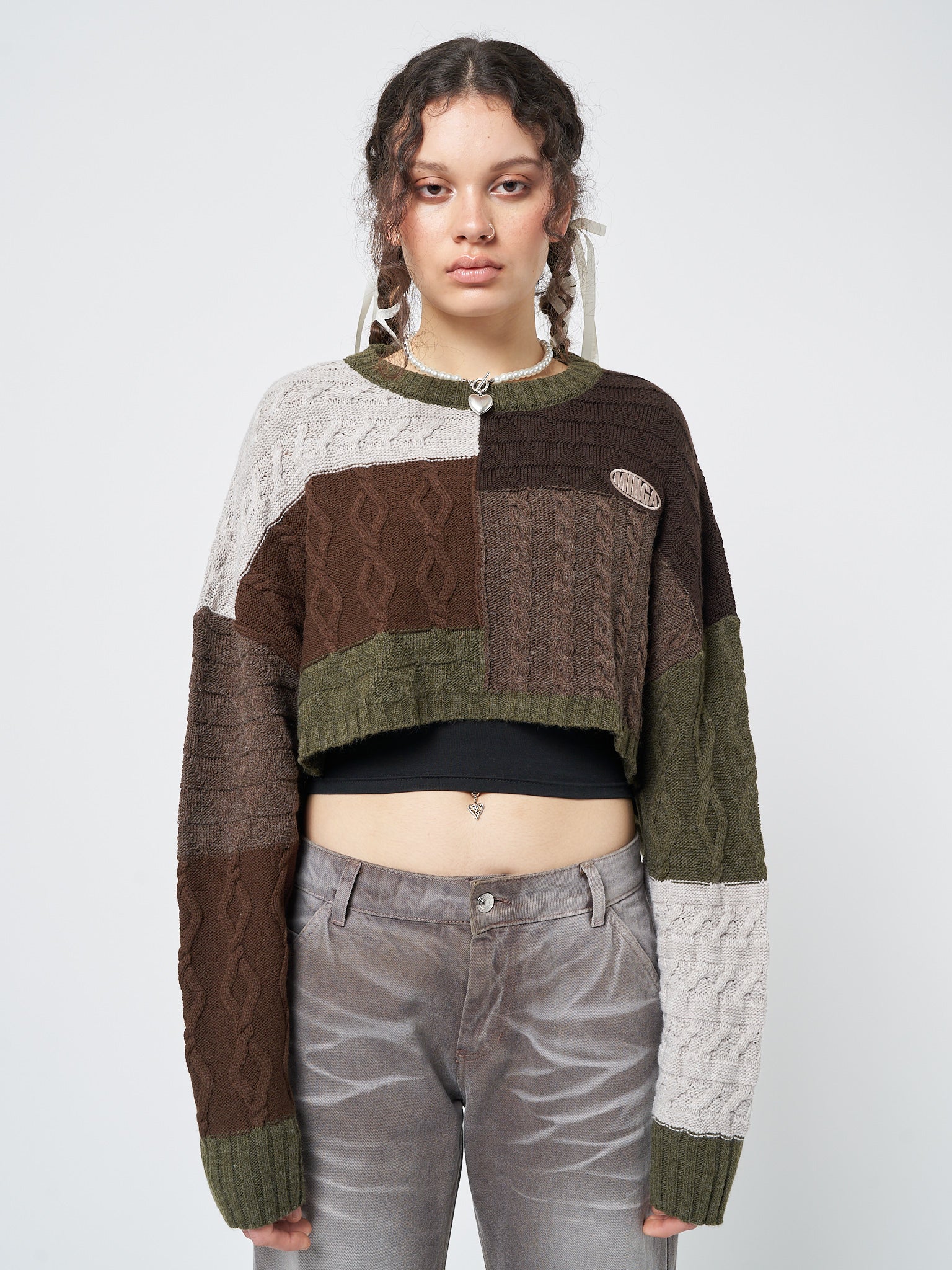 Gigi Patchwork Cable Knit Crop Jumper - Minga London