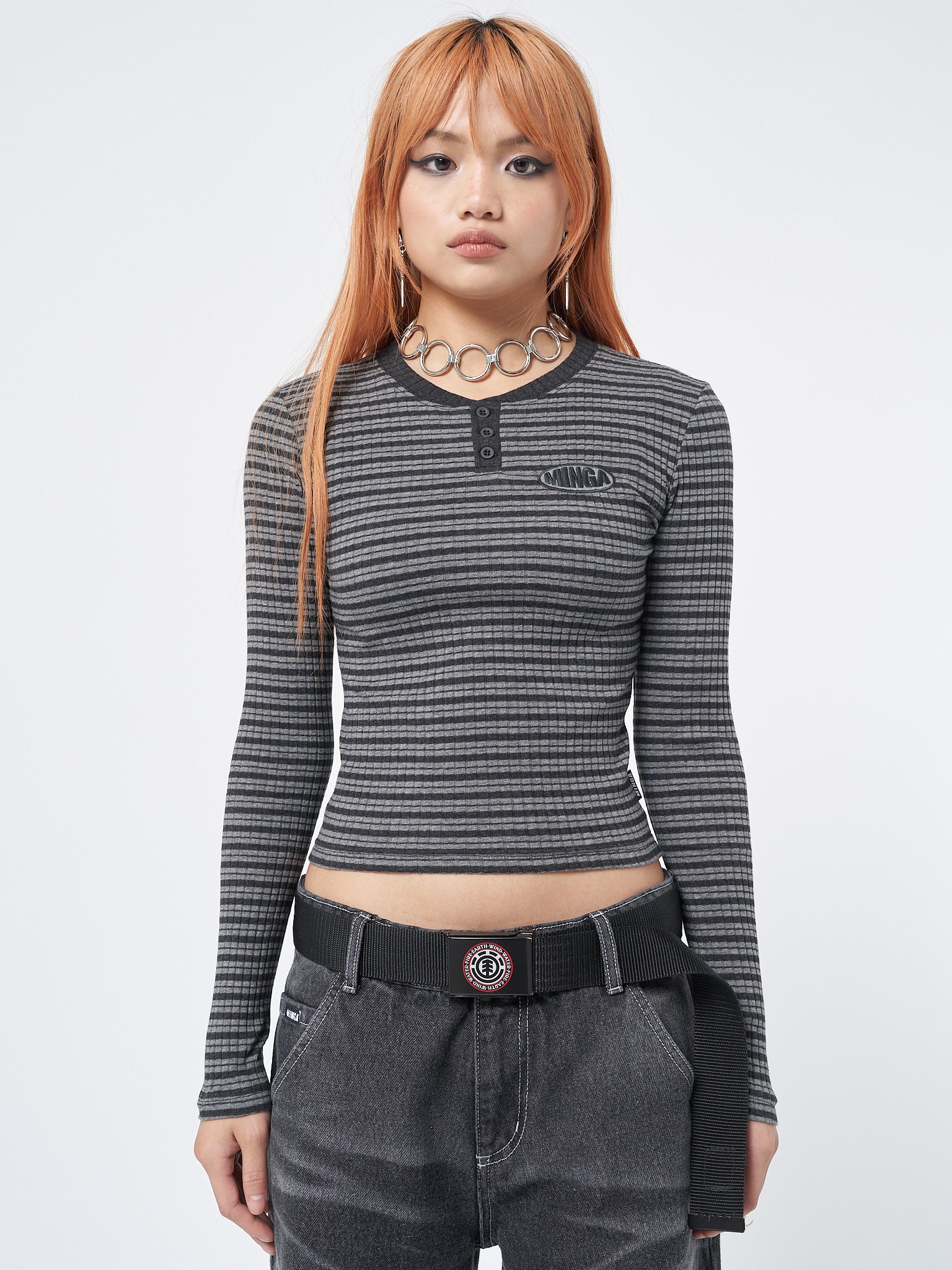 Graphite Half Button Striped Rib Top - Minga London