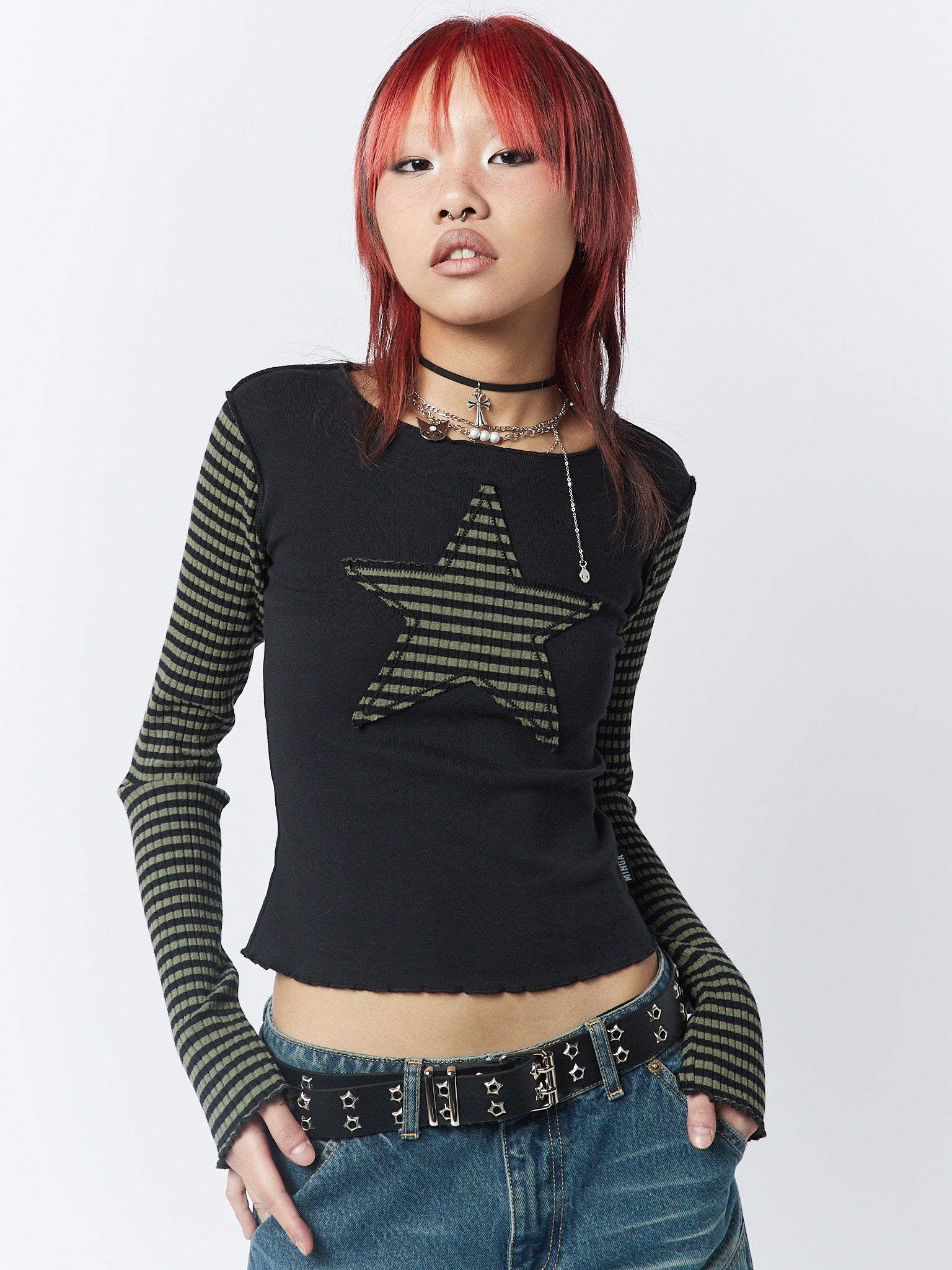 Lost Star Green Black Striped Long Sleeve Top - Minga London