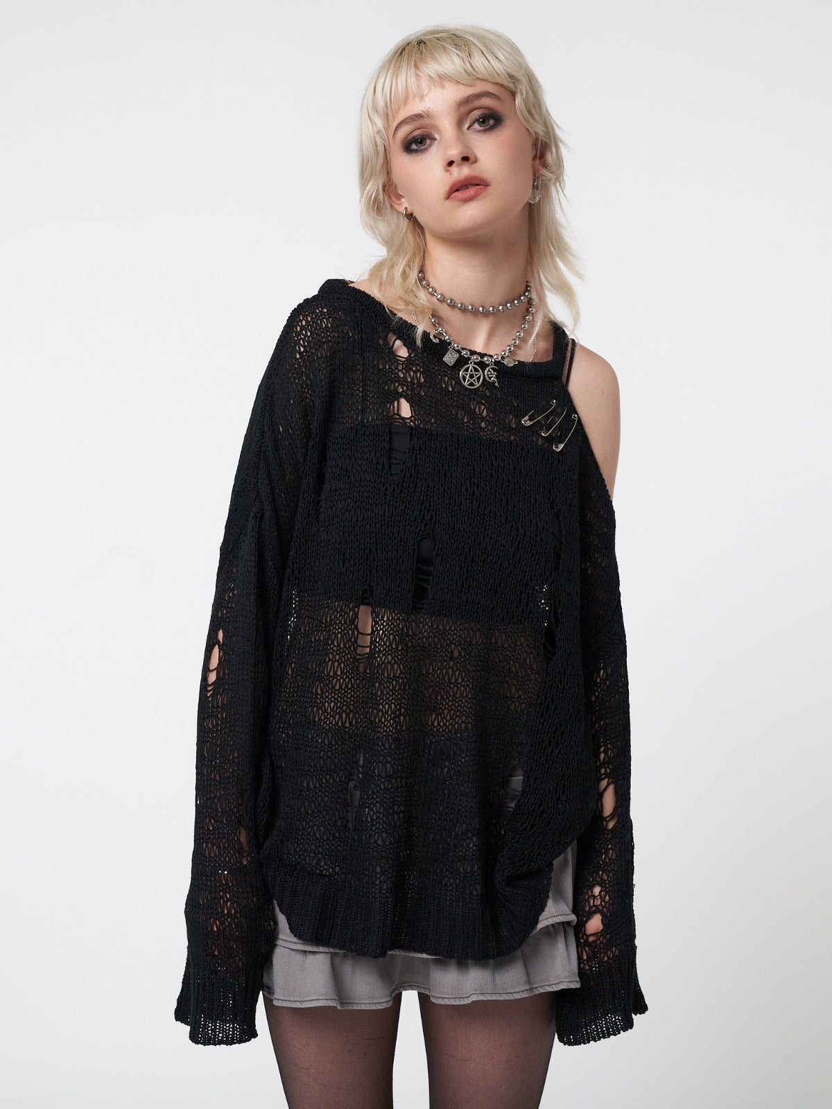 Avril Distressed Cut Out Net Knit Jumper - Minga London