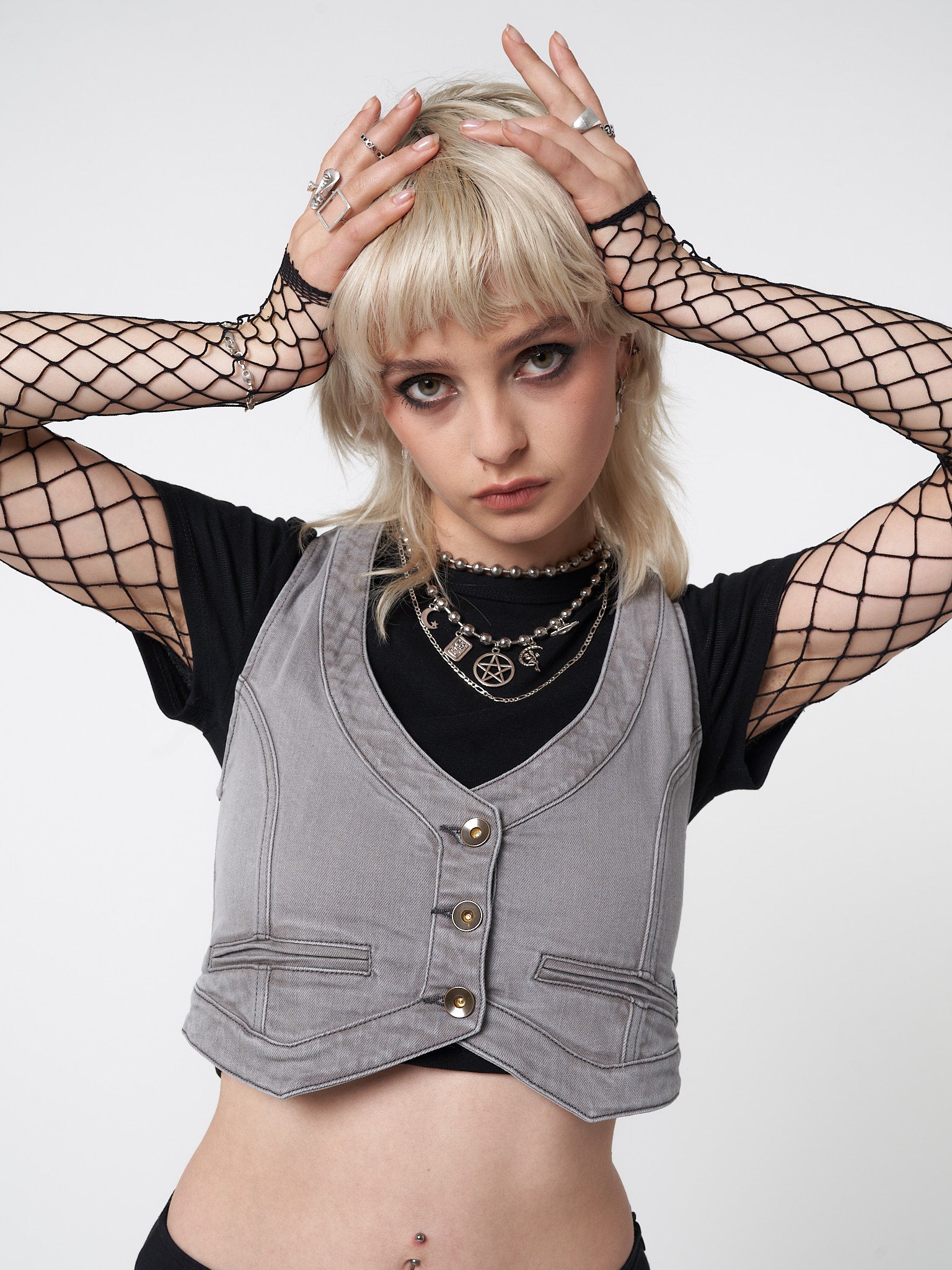 Liv Washed Grey Denim Y2k Waistcoat - Minga London
