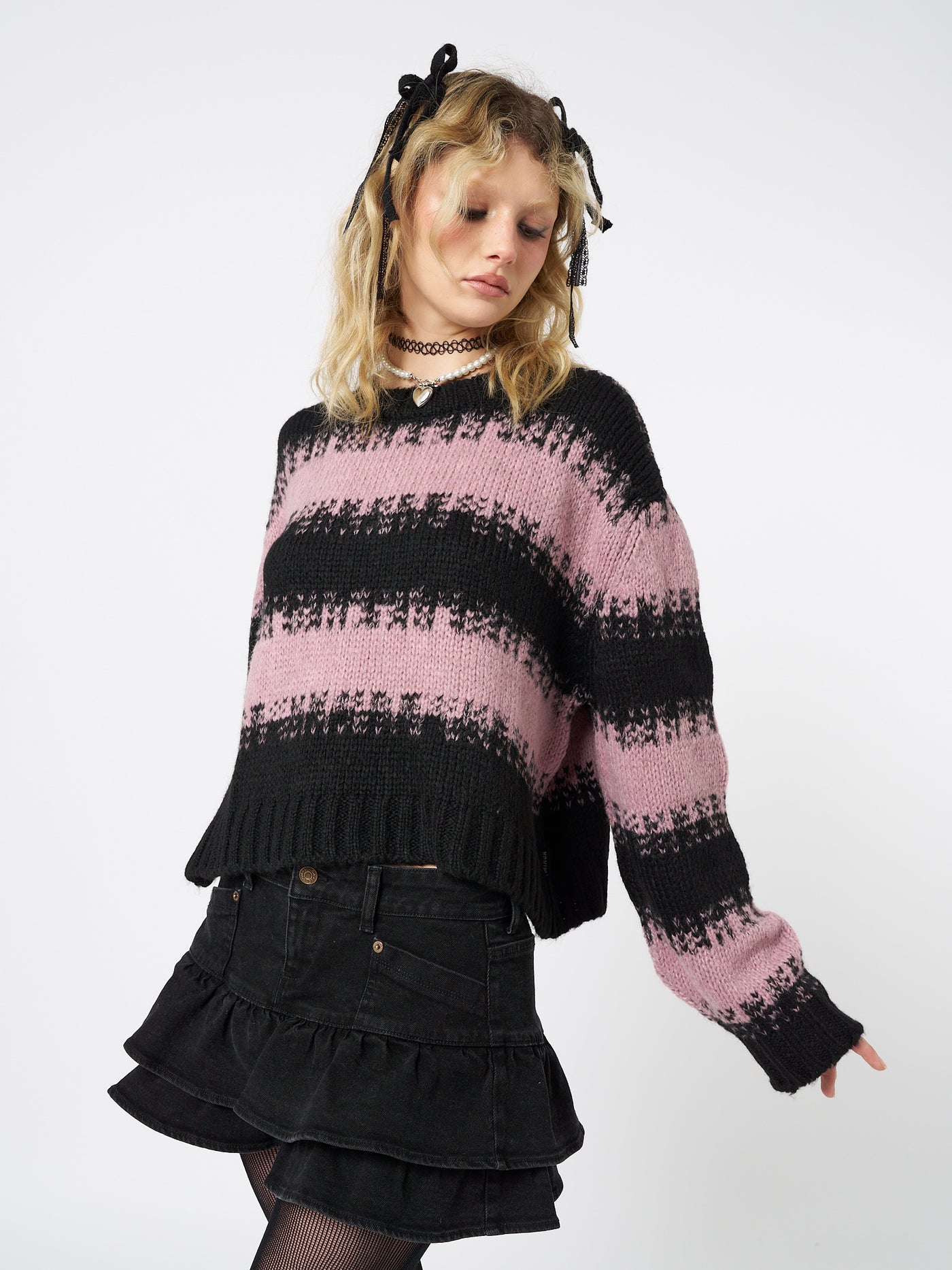 Clara Pink Cropped Striped Knit Sweater - Minga London