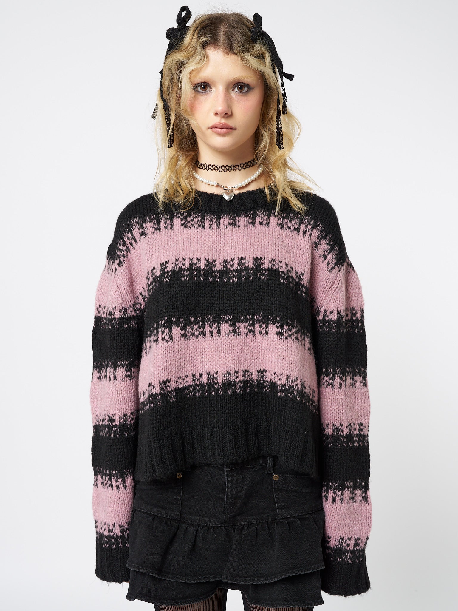 Clara Pink Cropped Striped Knit Sweater - Minga London