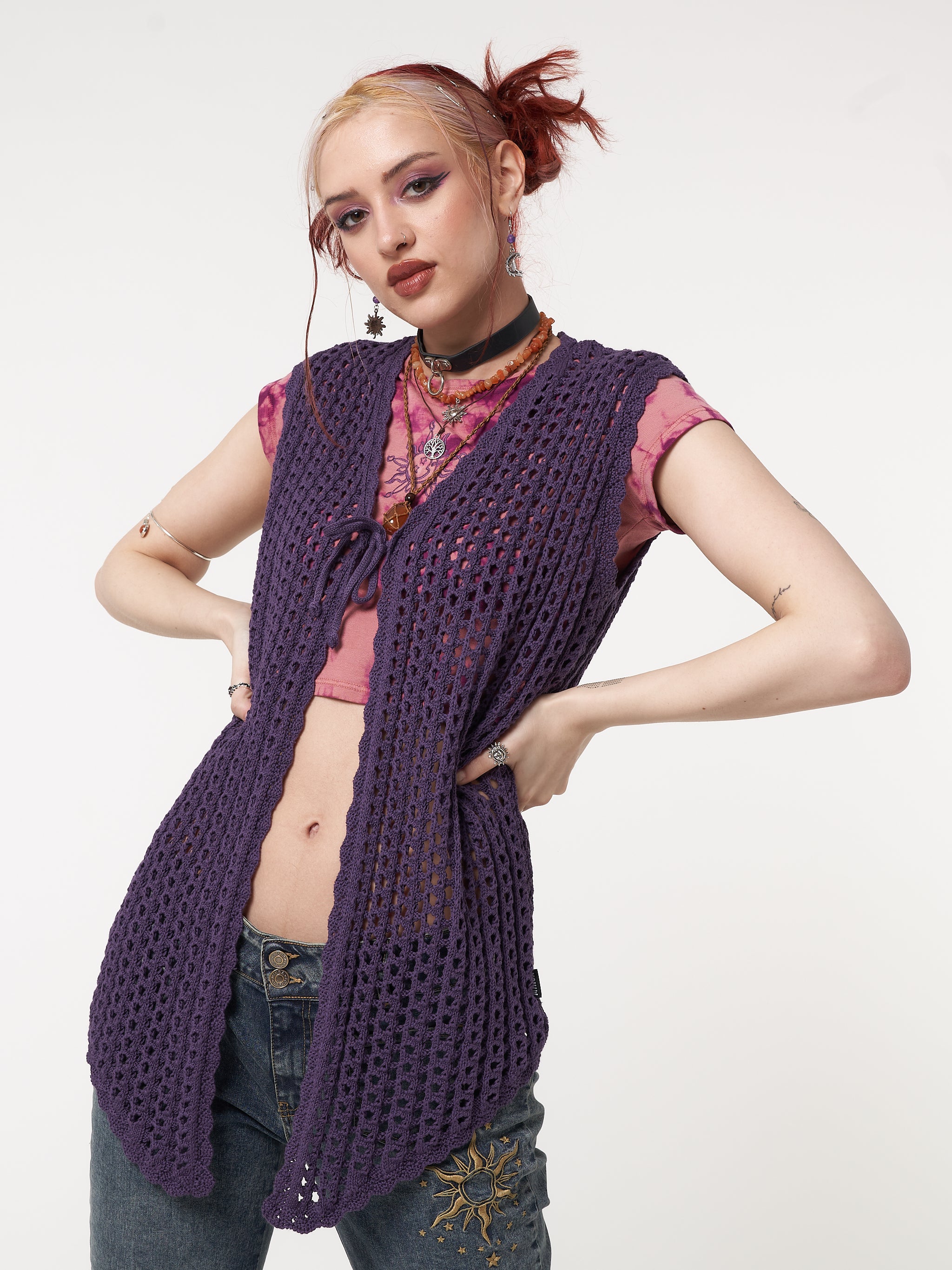 Tie front vest cardigan in purple featuring crochet style knit pattern