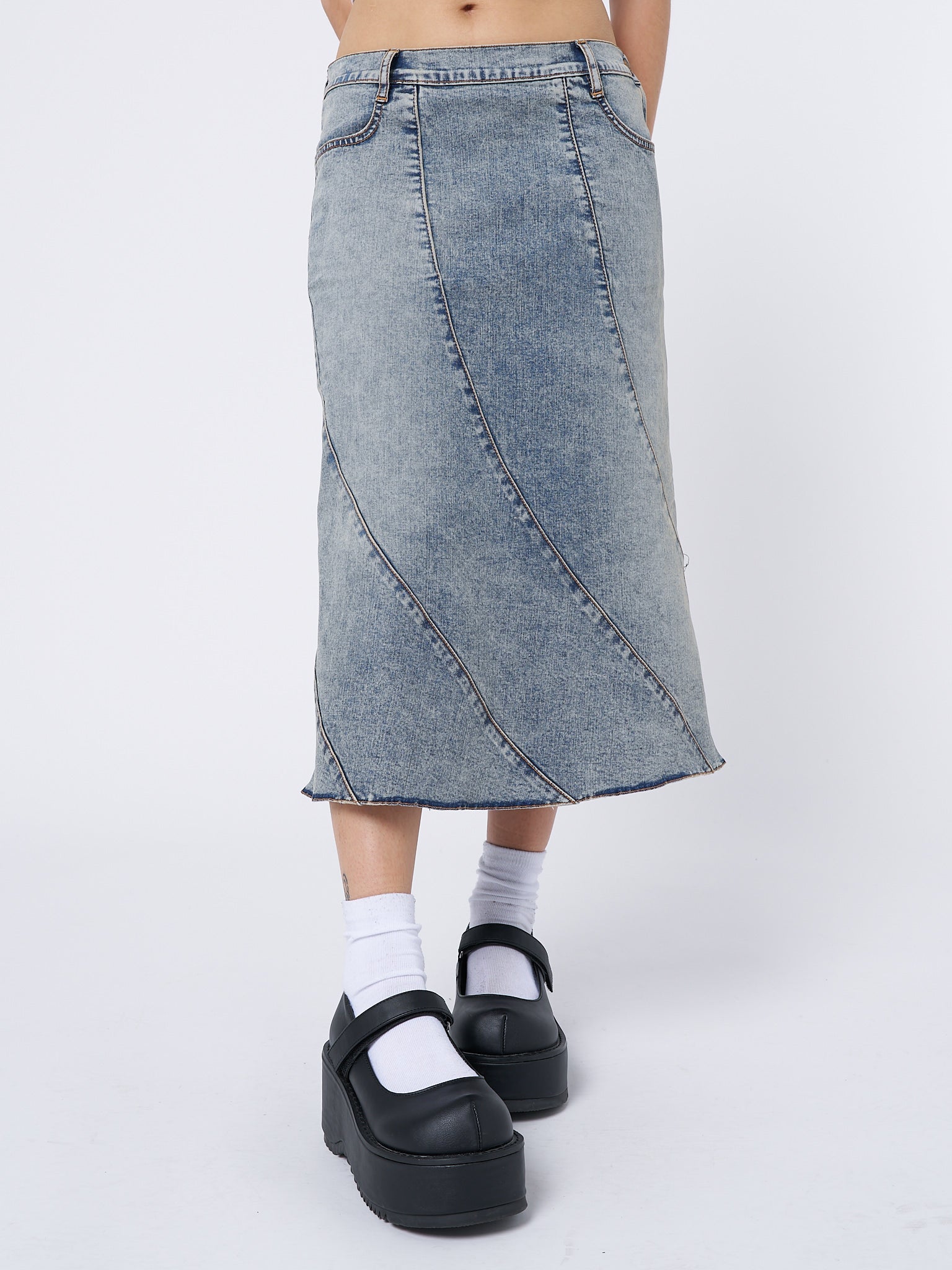 Lizzie Flared Denim Midi Skirt - Minga London