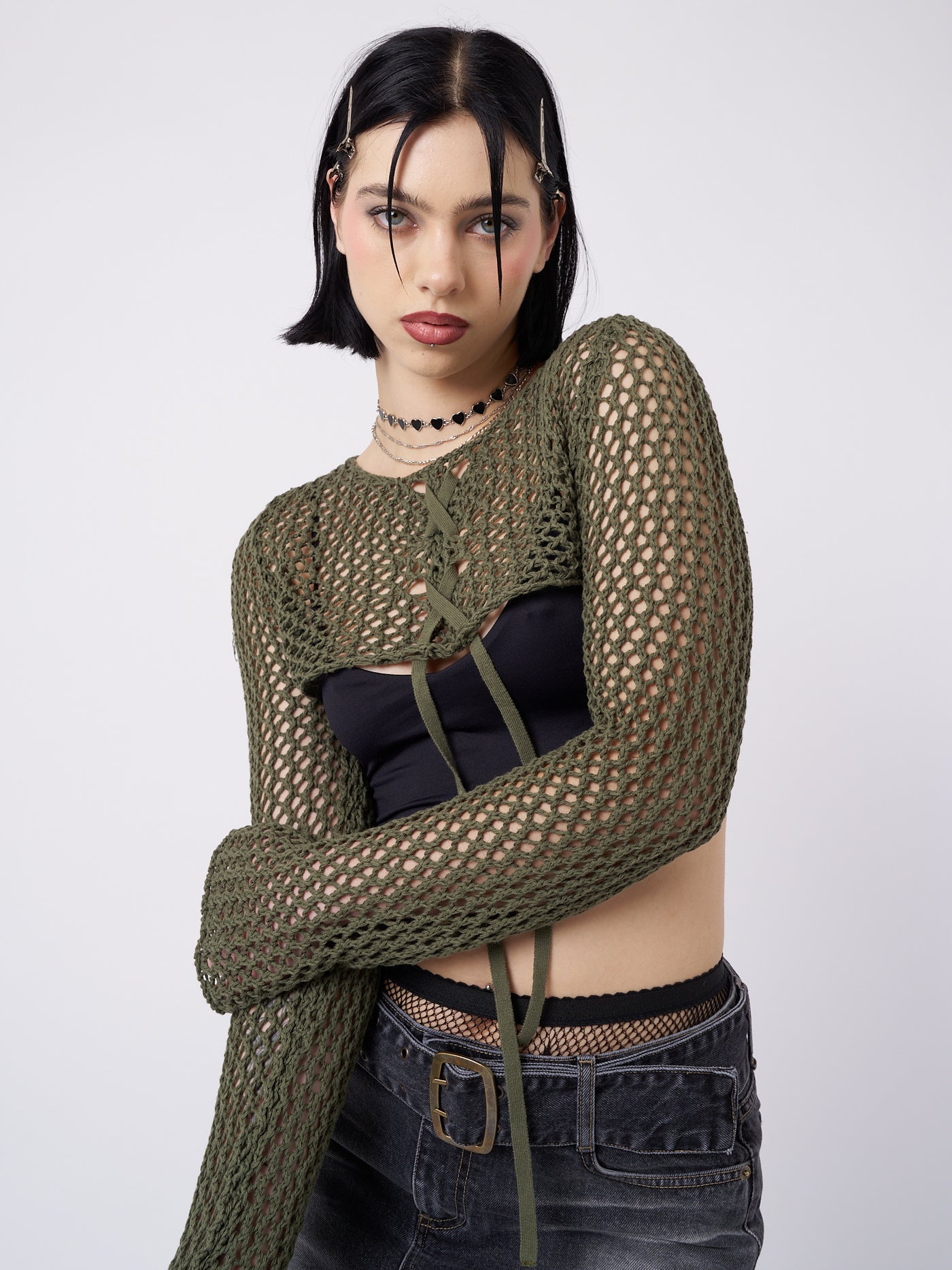 Ramona Green Lace Up Knitted Shrug - Minga London