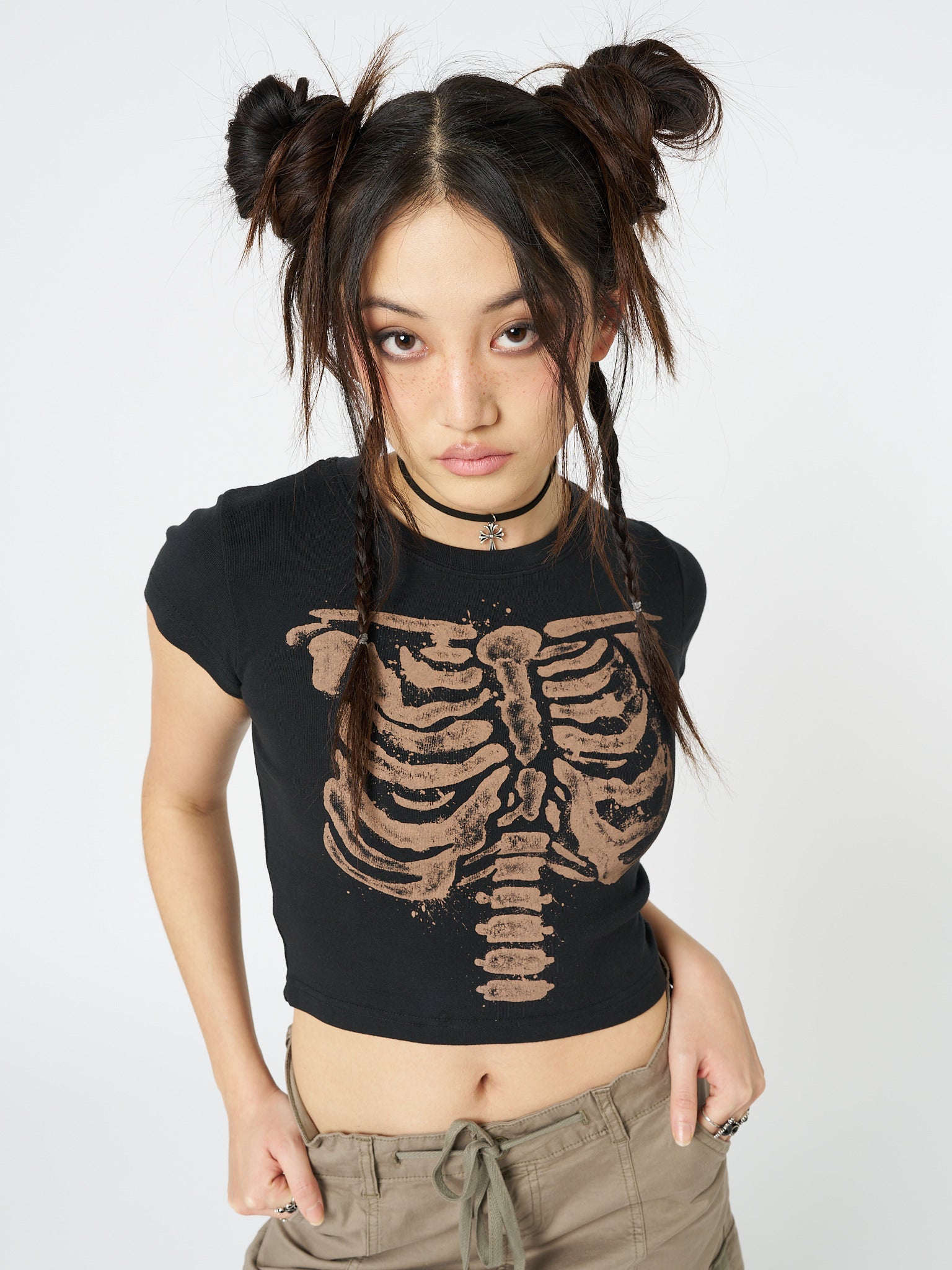 Skeleton Black Graphic Print Baby Tee - Minga London