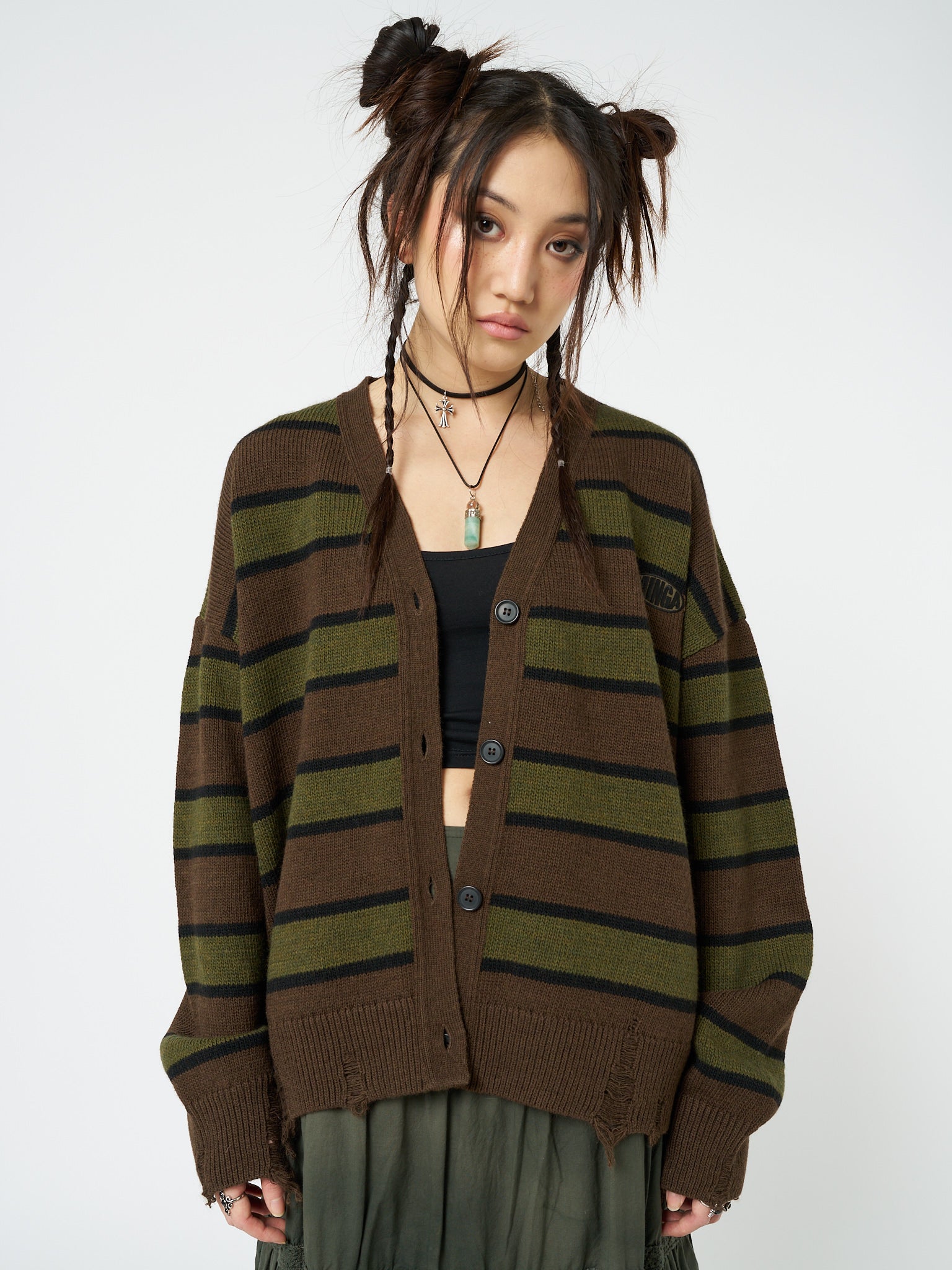 Neesa Brown & Green Stripe Knit Cardigan | Minga London