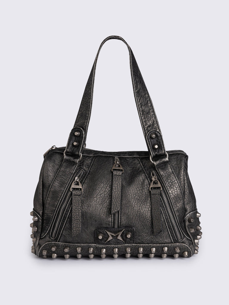 Black Vegan Leather Shoulder Bag with Spike Studs | Minga London