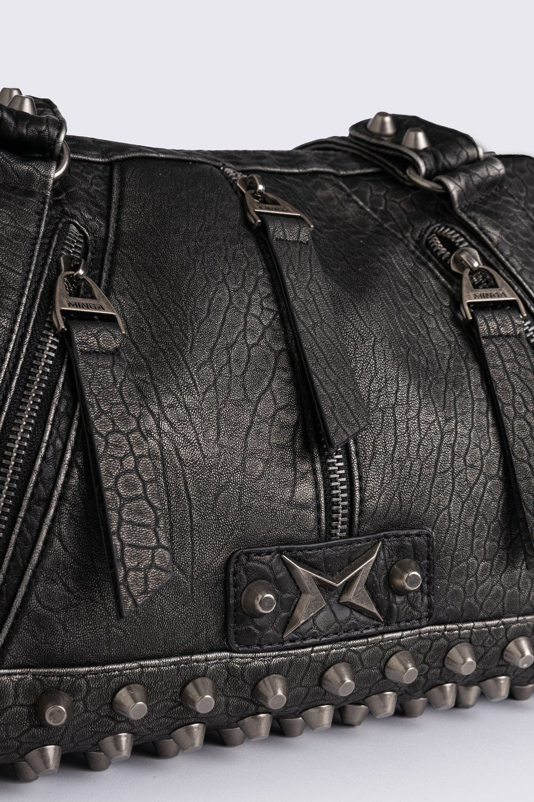 Black Vegan Leather Shoulder Bag with Spike Studs | Minga London