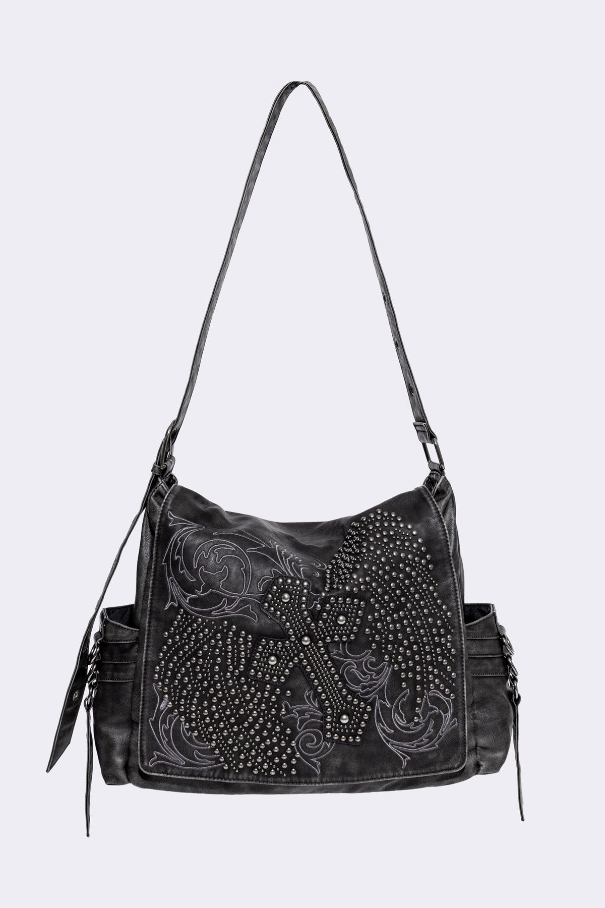 Black faux leather messenger bag with studded cross design, embroidered detail, fold-over flap and adjustable strap.