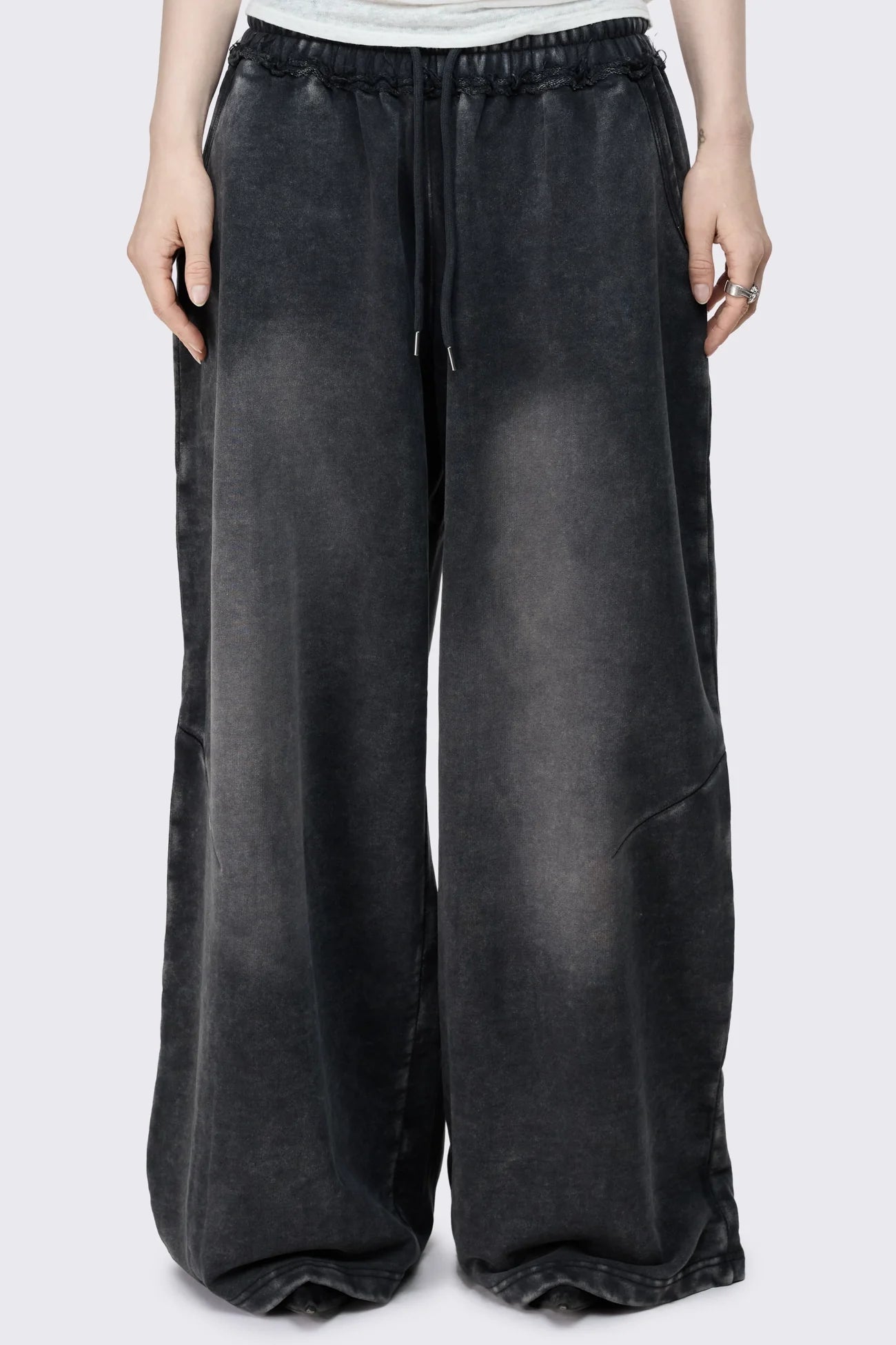 Black washed wide leg joggers with light grey overdye 