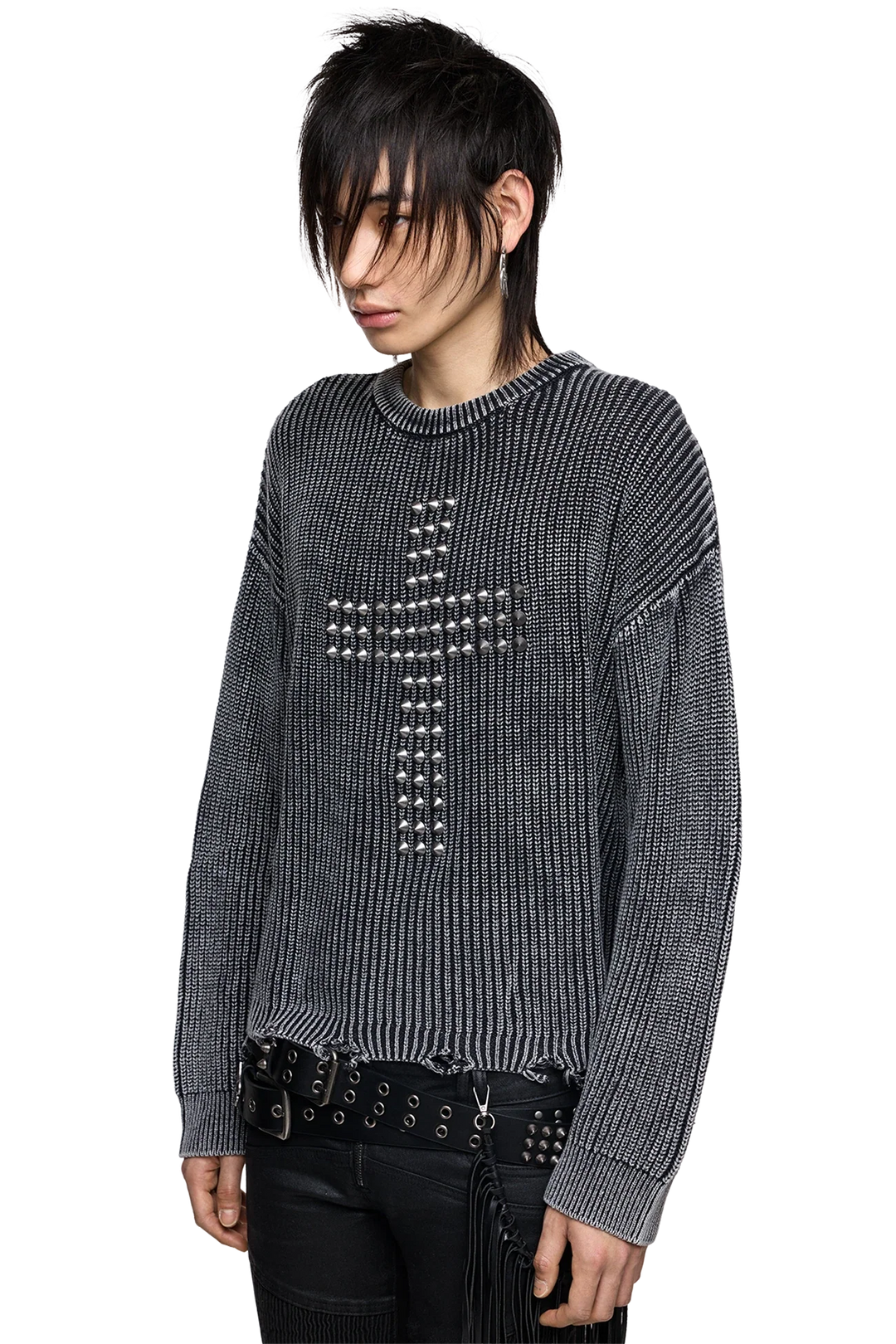Black Washed Knit Jumper With Spiked Cross | Minga London