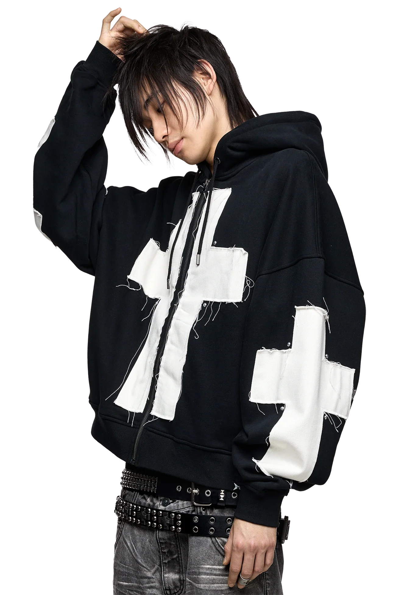 Black Zip-Up Hoodie With Cross Patches | Minga London