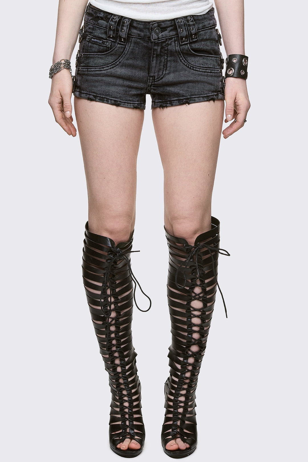 Black Denim Hot Pant with Wash Effect and O-rings | Minga London