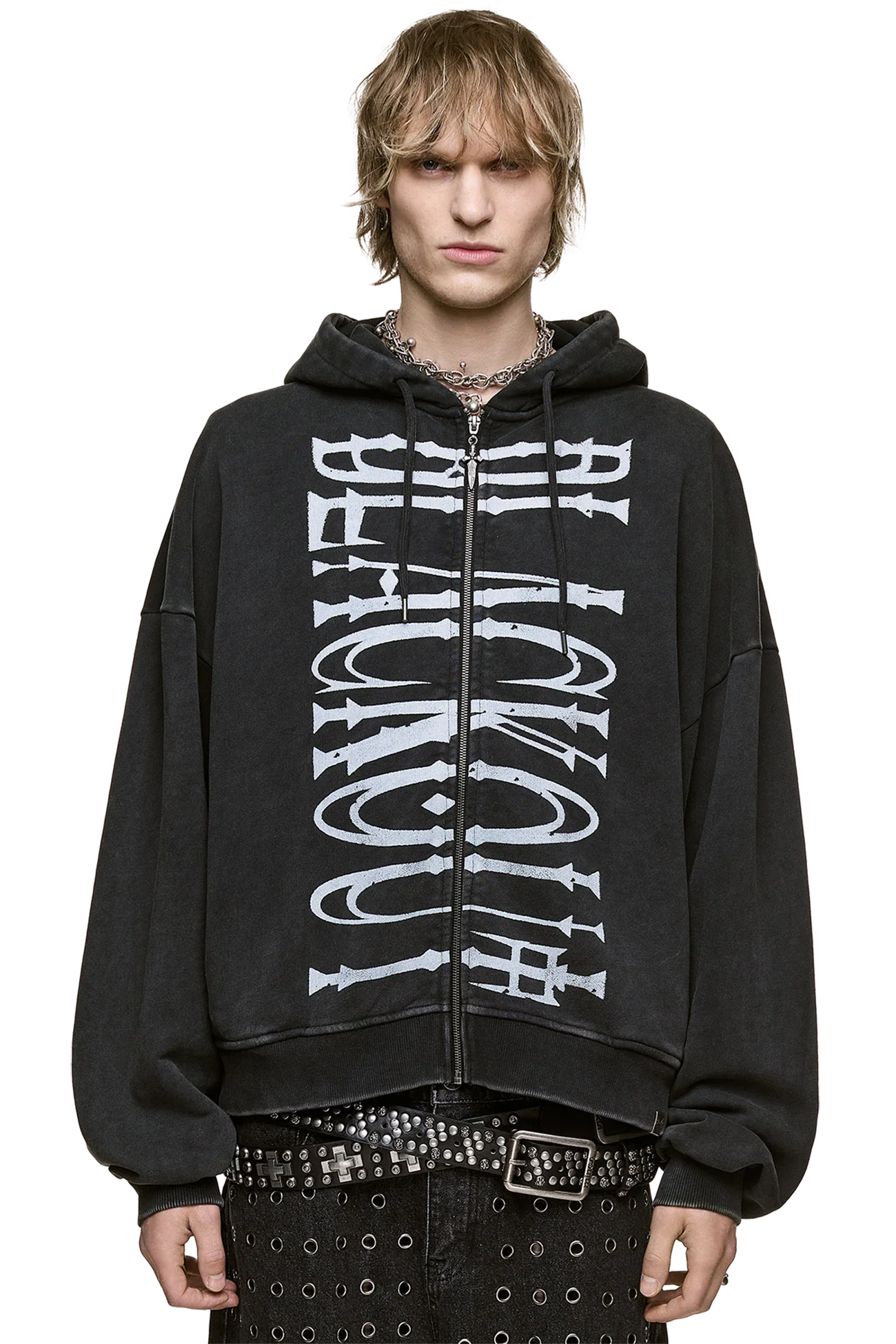 Zip up hoodie in washed grey cotton with Blackout front print and sword zipper, oversized grunge style.