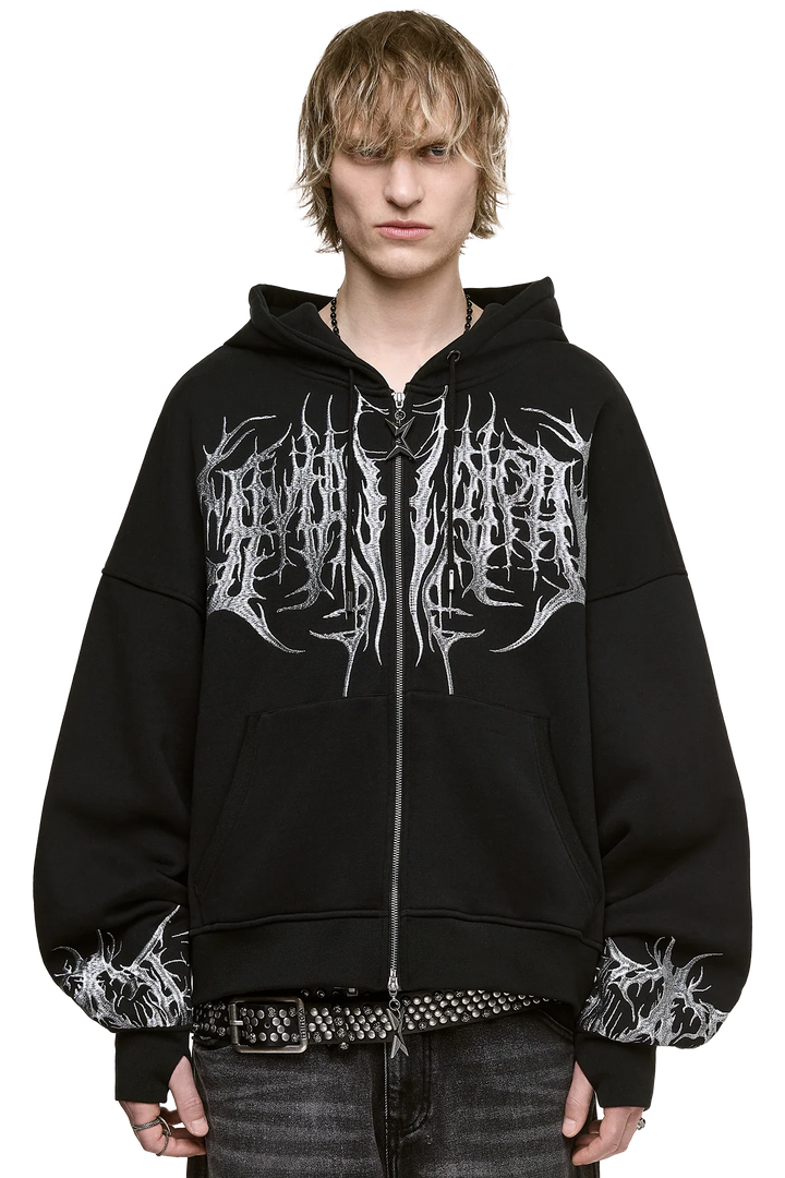 Black Zip-Up Hoodie with Sigilism Embroidery | Minga London