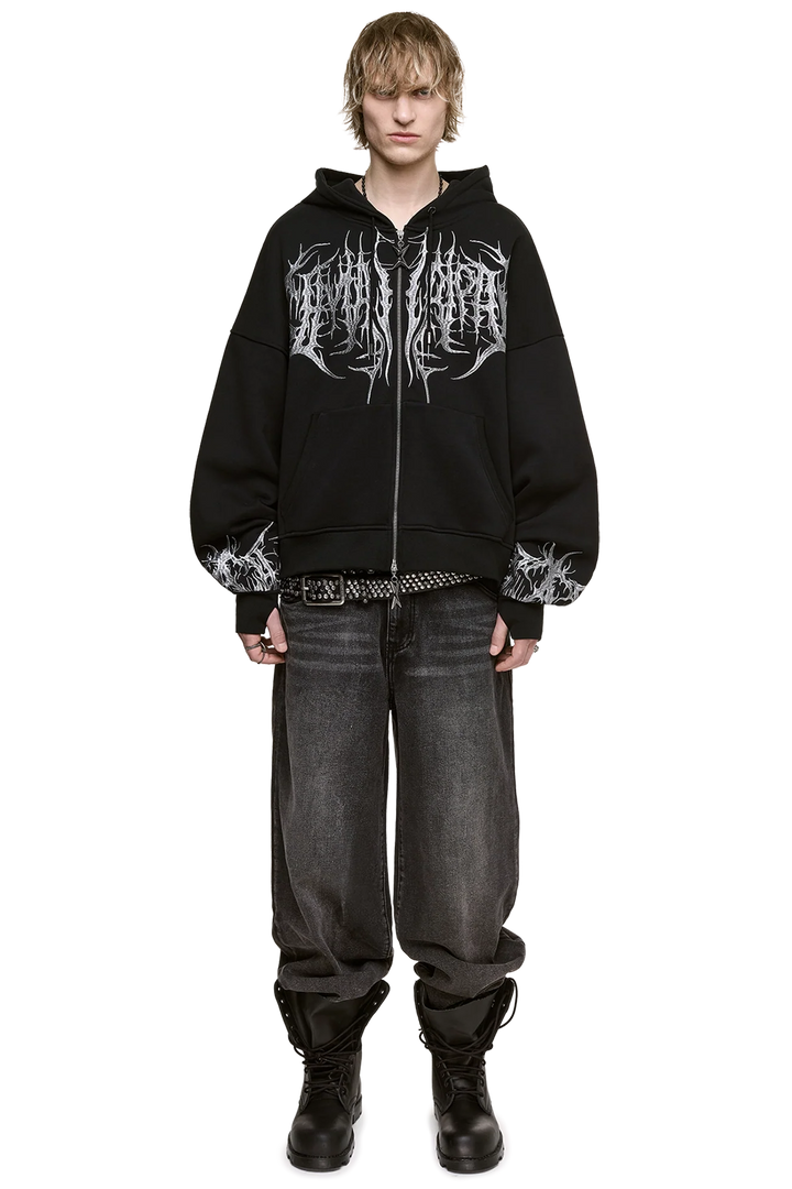 Black Zip-Up Hoodie with Sigilism Embroidery | Minga London