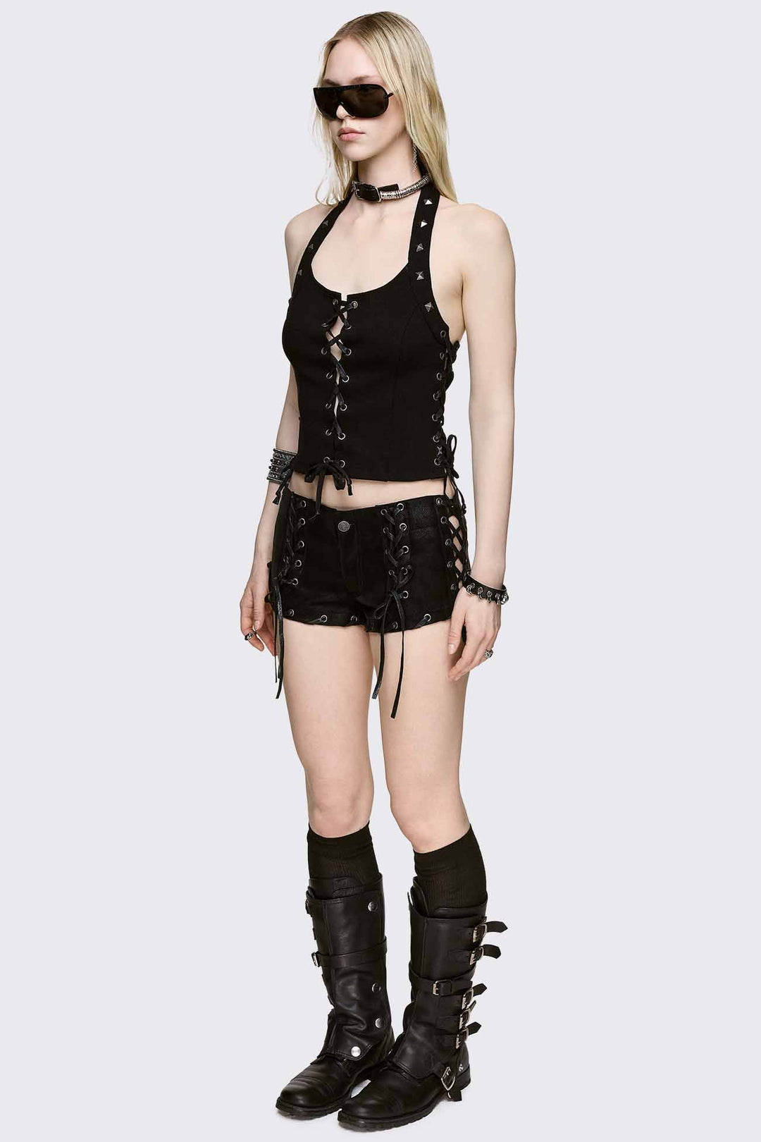 Black Halter Lace-Up Top With Studs | Minga London