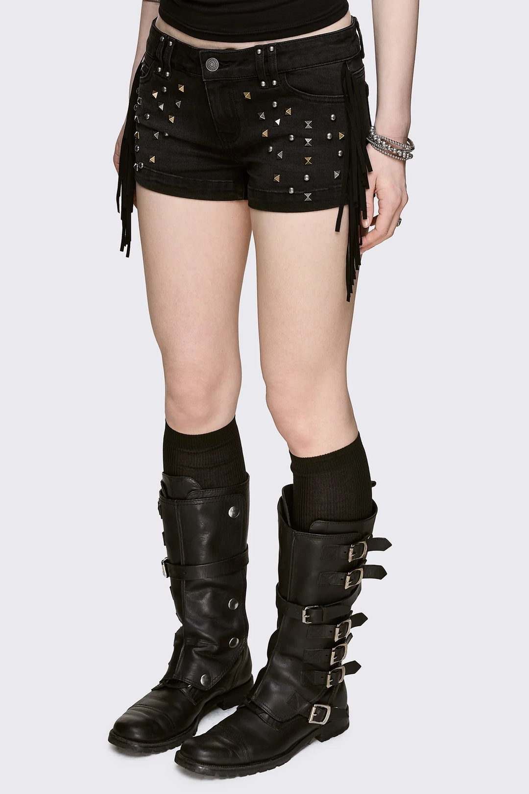 Black Studded Denim Hotpants - Grunge | Minga London