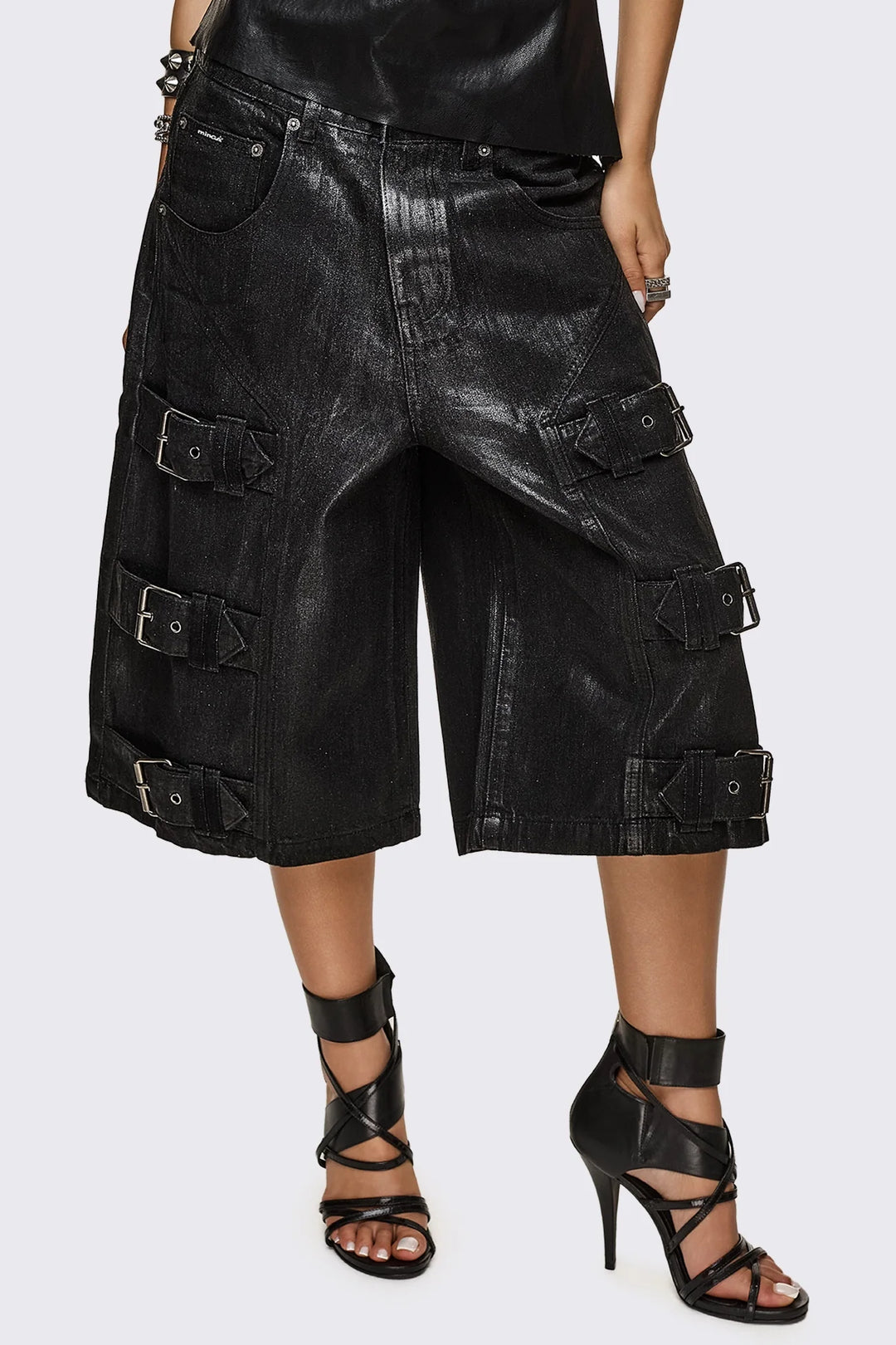 Black Coated Denim Jorts With Buckle Straps | Minga London