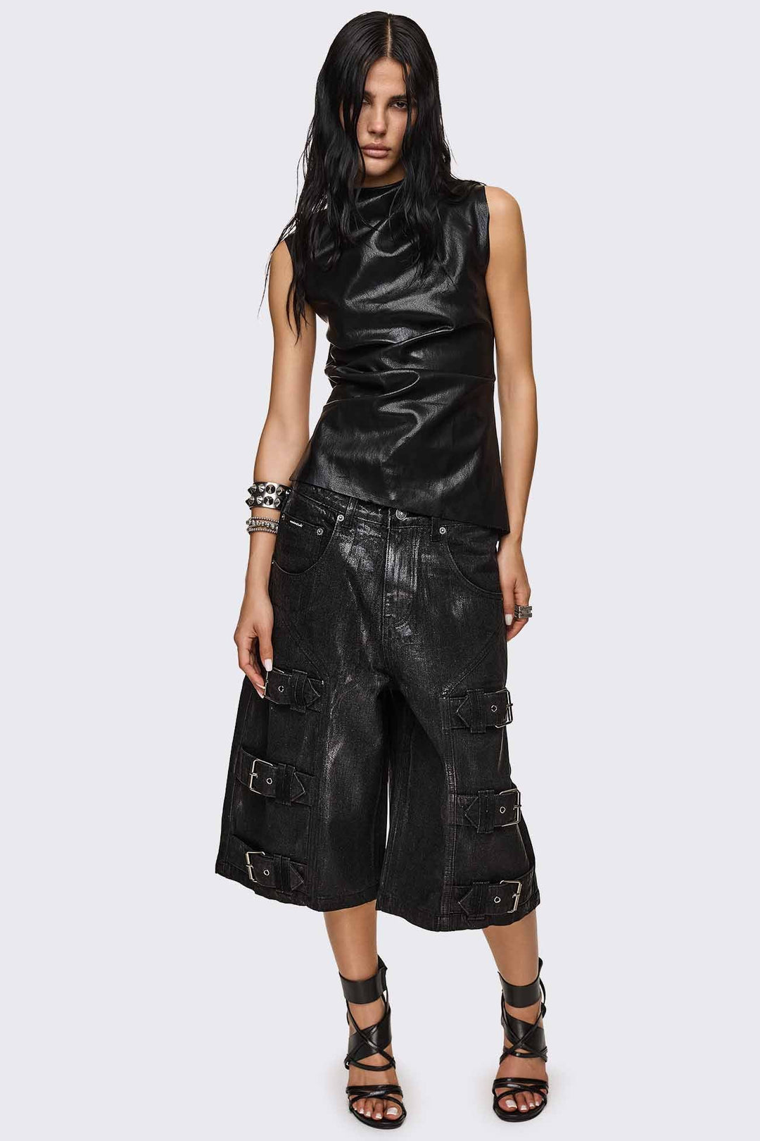 Black Coated Denim Jorts With Buckle Straps | Minga London