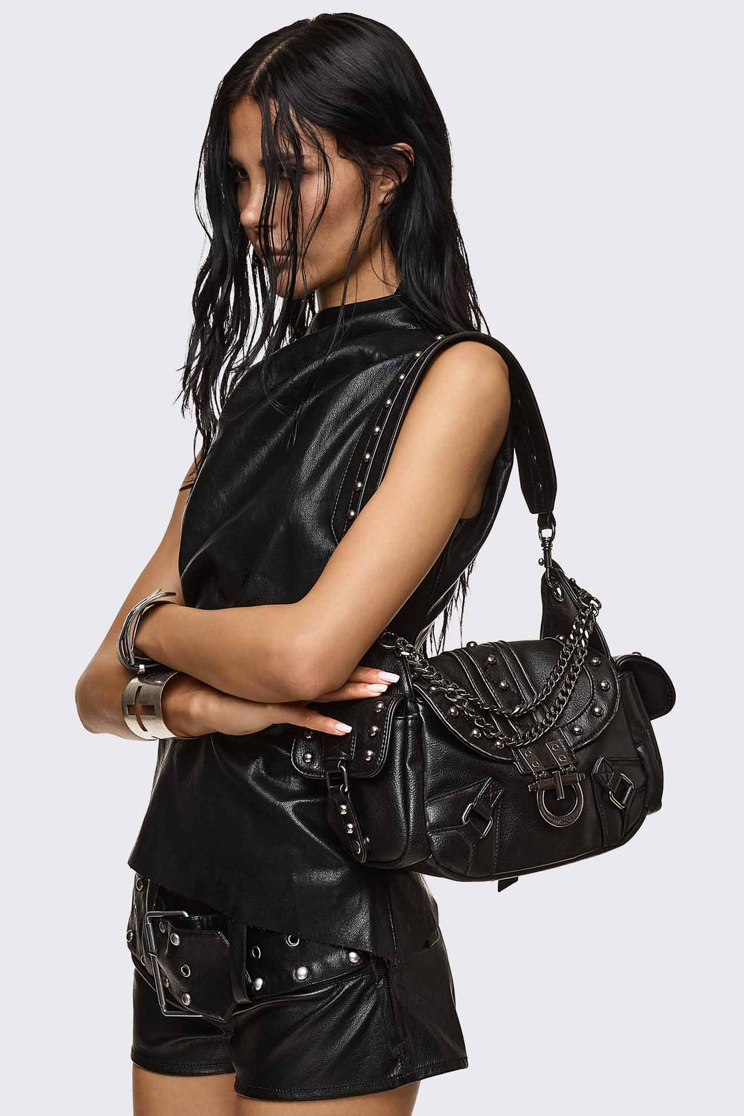 Black Studded Shoulder Bag With Utility Pockets | Minga London