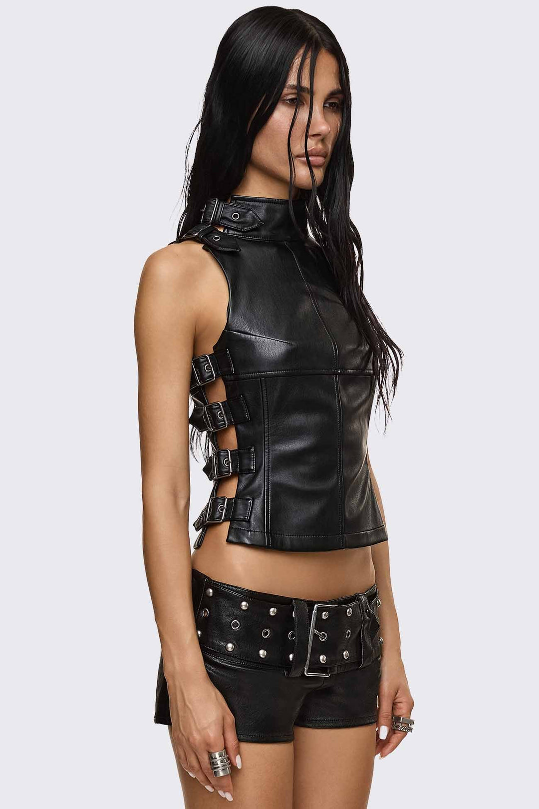 トップス Minga London spikey setup Black Faux Leather Buckle Top - Goth | Minga London