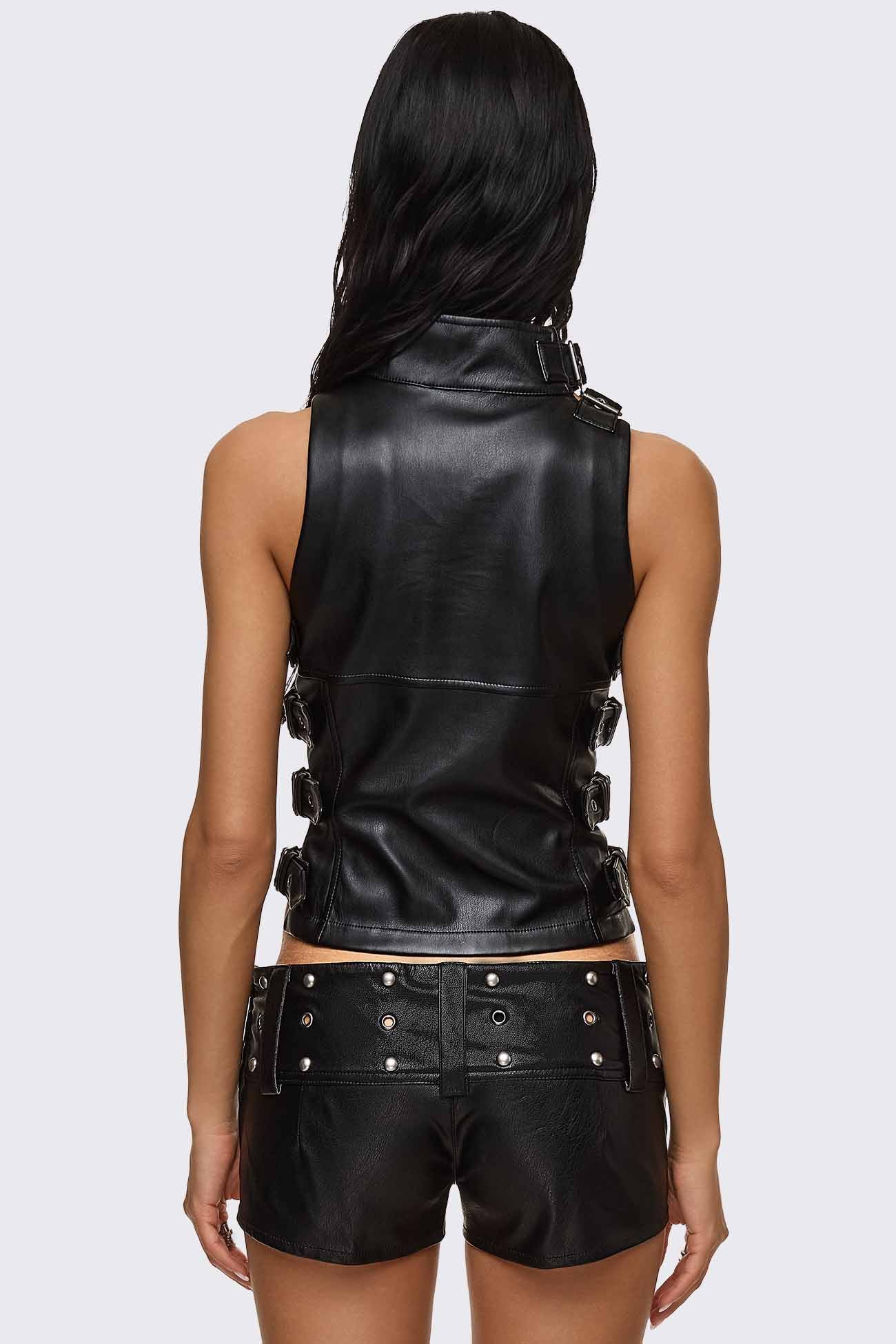 Black Faux Leather Buckle Top - Goth | Minga London