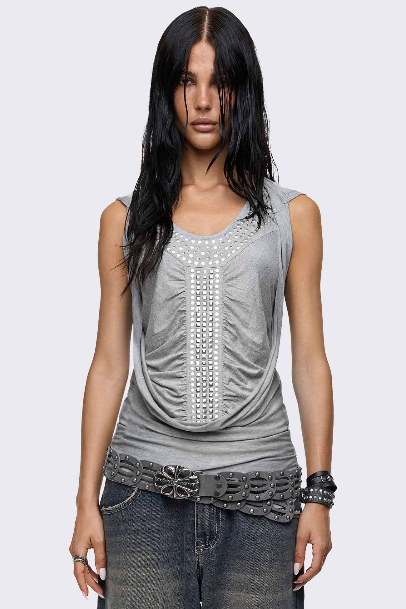 Grey tank top with attached cowl hood, silver stud yoke detail, ruched front trim and sleeveless regular fit.