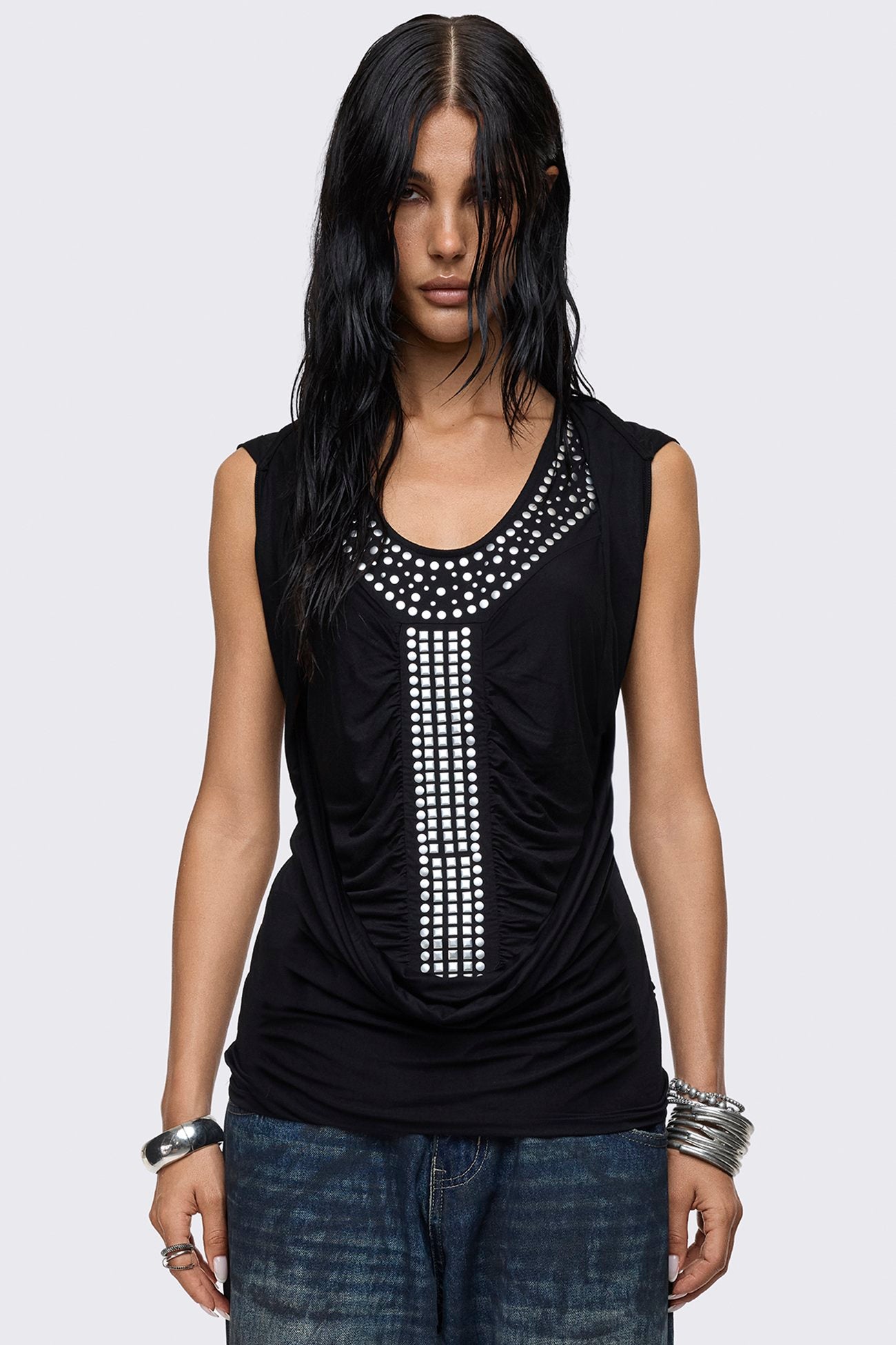 Black tank top with attached cowl hood, silver studded yoke, ruched stud trim and sleeveless regular fit.