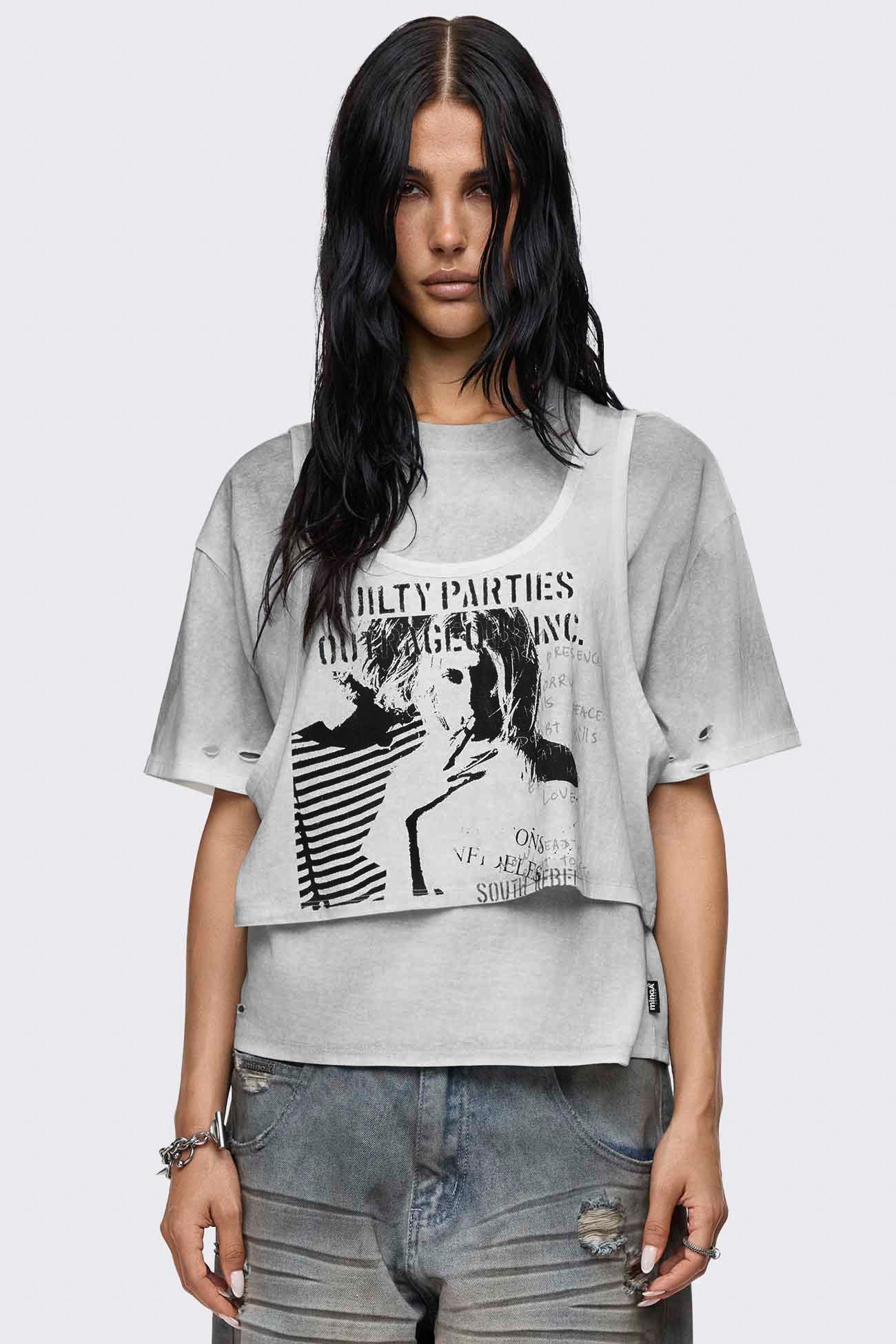Off-white layered graphic crop T-shirt with dirt wash, distressed holes, short sleeves and relaxed fit.