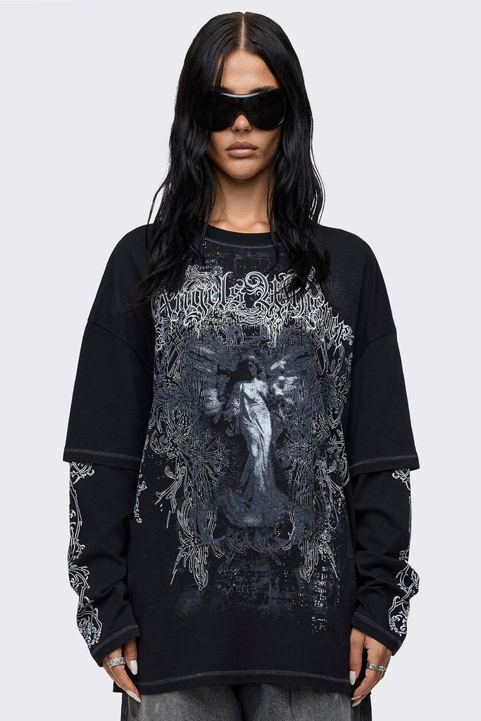 Angels Whisper Black Graphic Layered T-Shirt