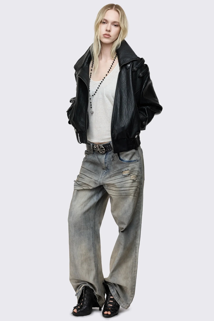 Black Faux Leather Military Bomber Jacket | Minga London