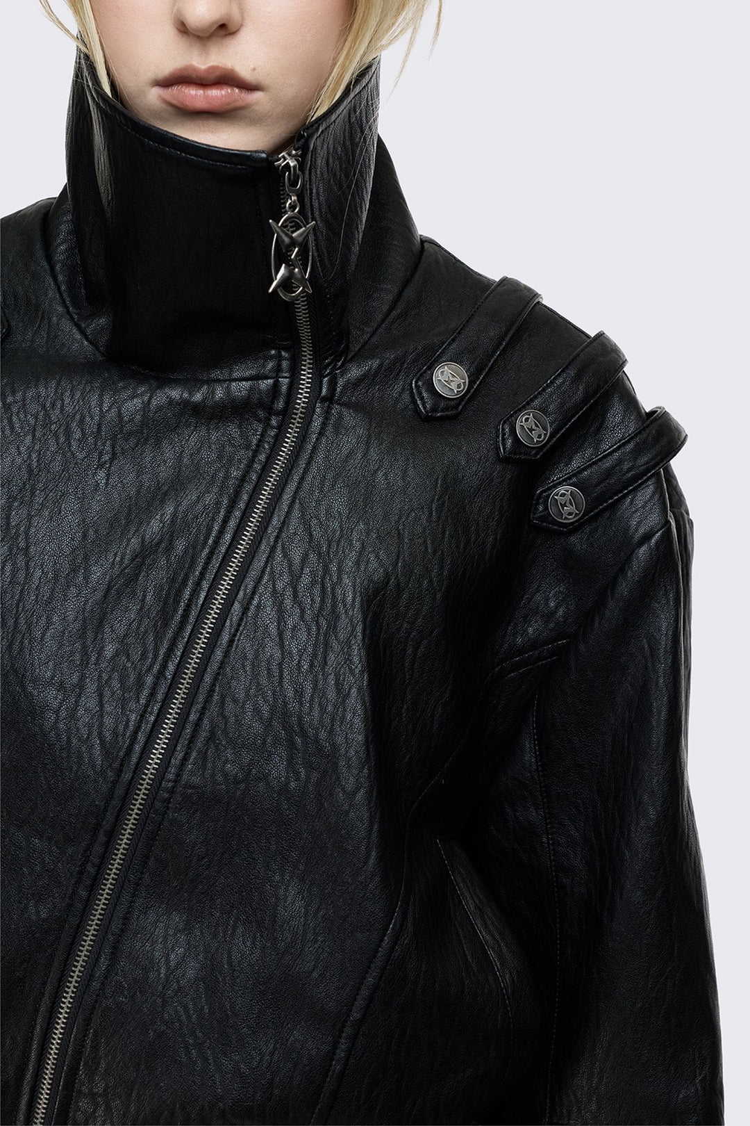 Black Faux Leather Military Bomber Jacket | Minga London