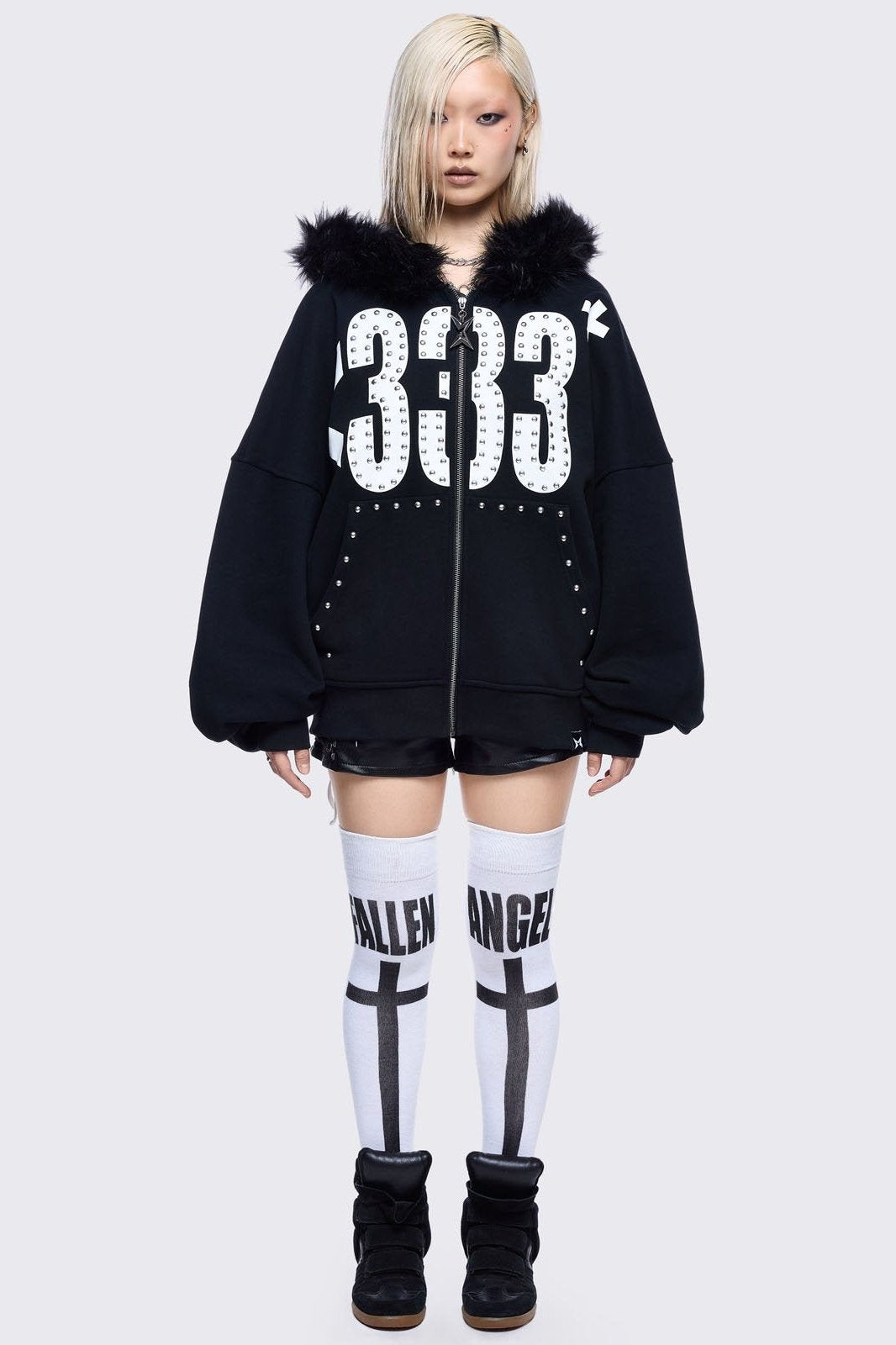 Graphic Zip Up Hoodie with Faux Fur Hood in Black | Minga London